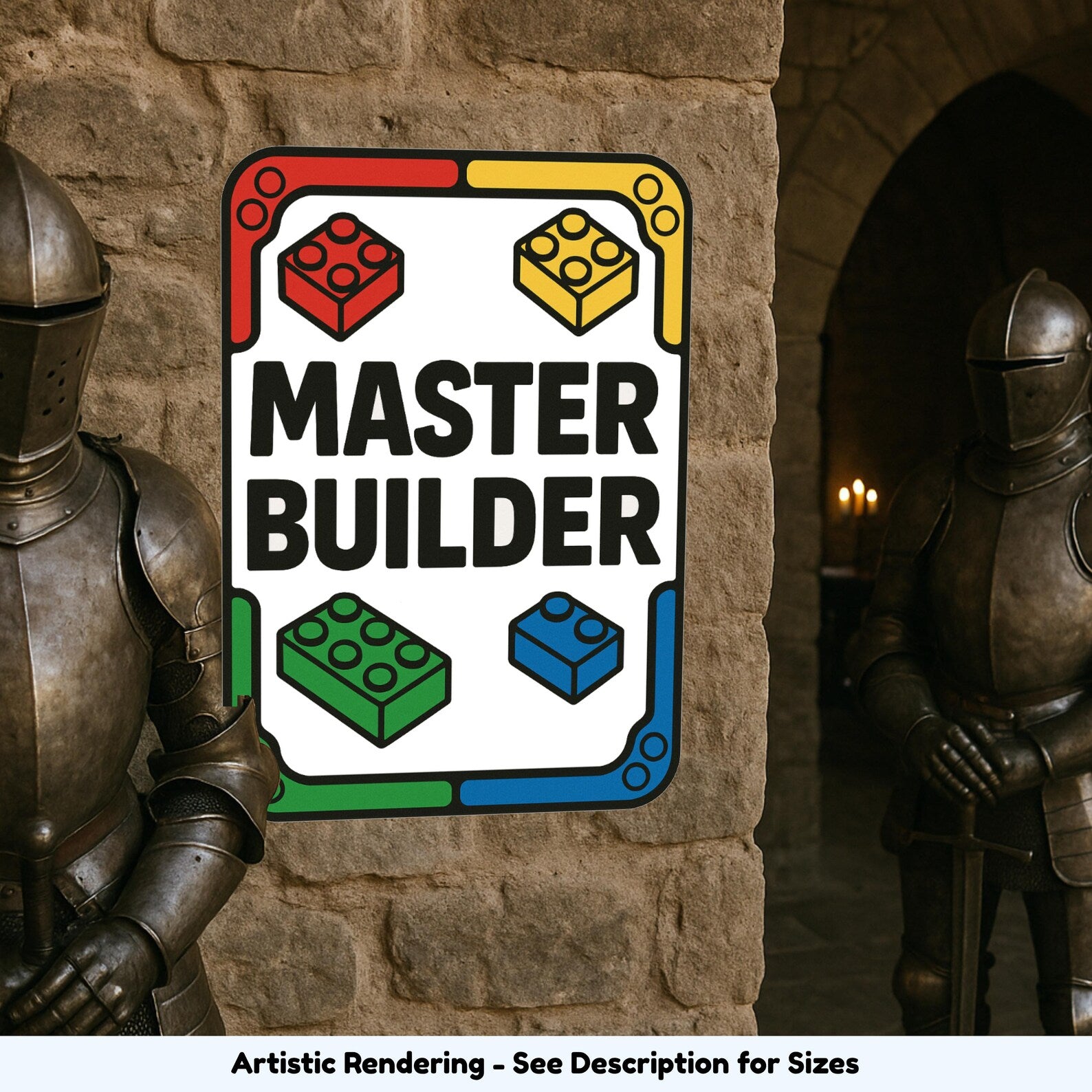 Master Builder sign displayed between suits of armor for dramatic builder decor