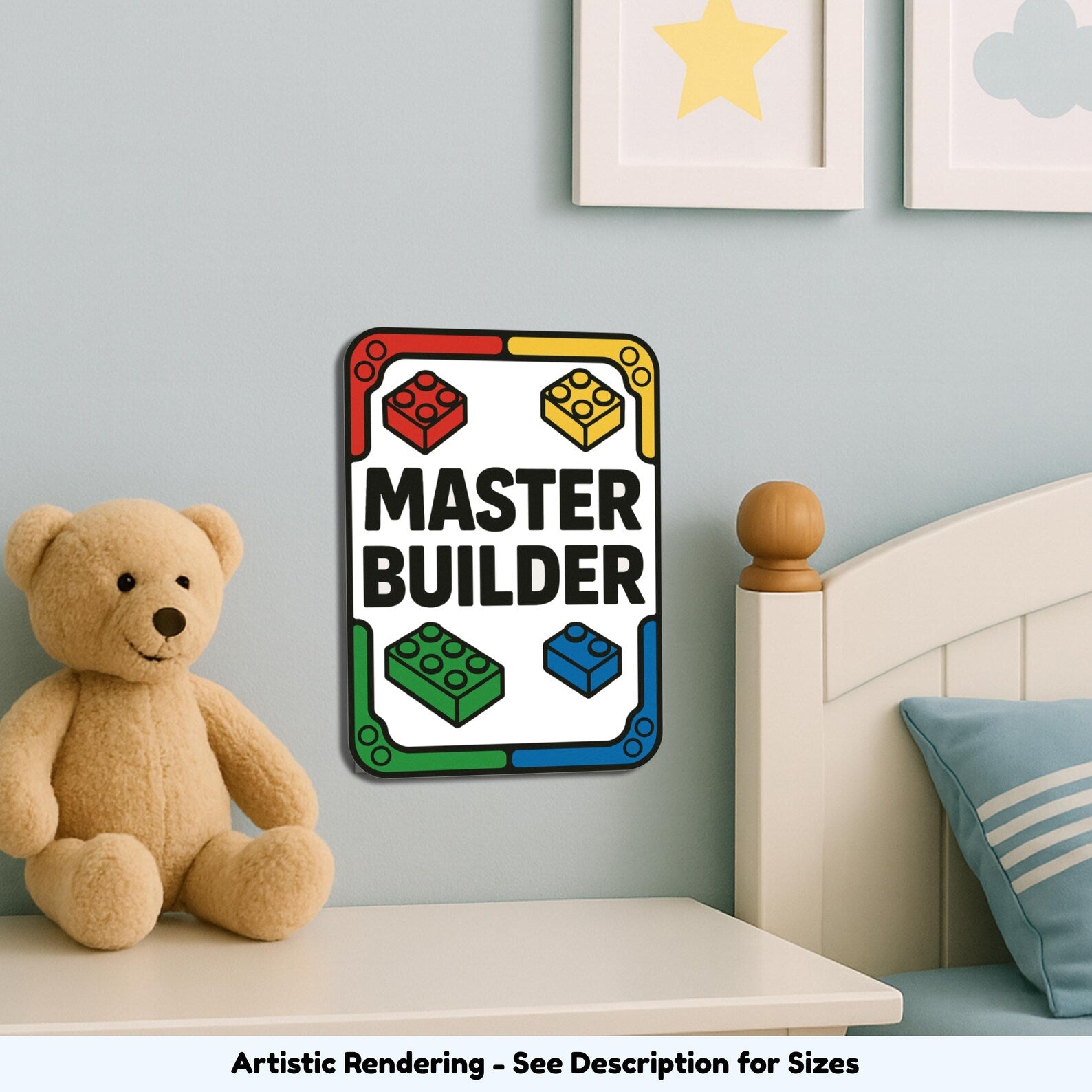 Master Builder sign displayed on a bedroom wall near a teddy bear and bed