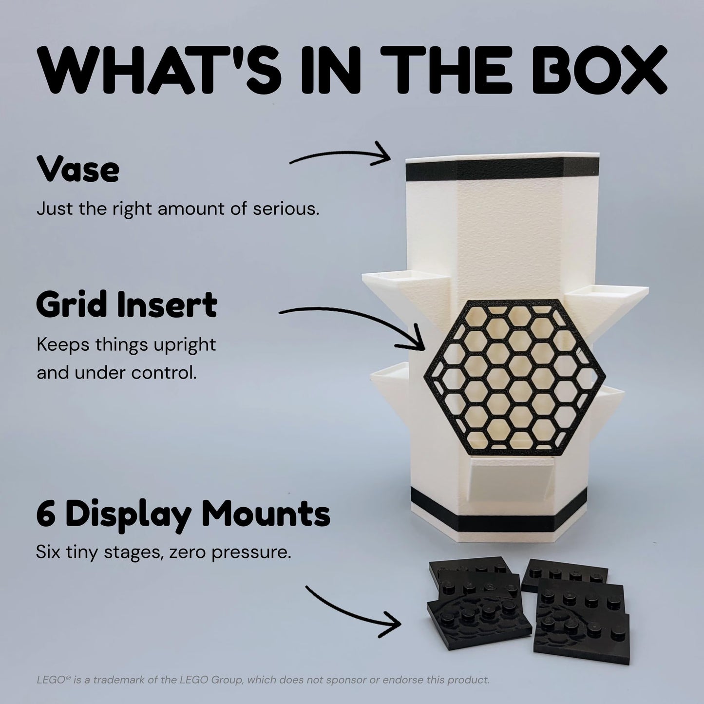 The vase includes the vase, the grid insert and six display mounts