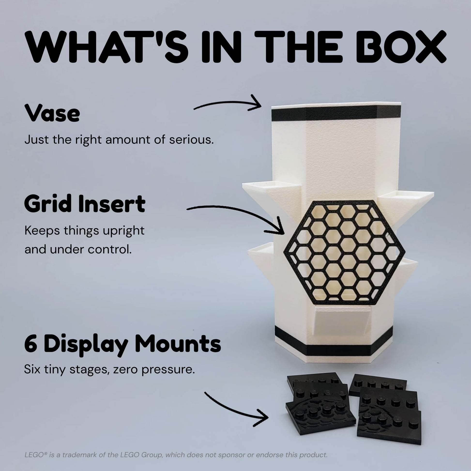The vase includes the vase, the grid insert and six display mounts