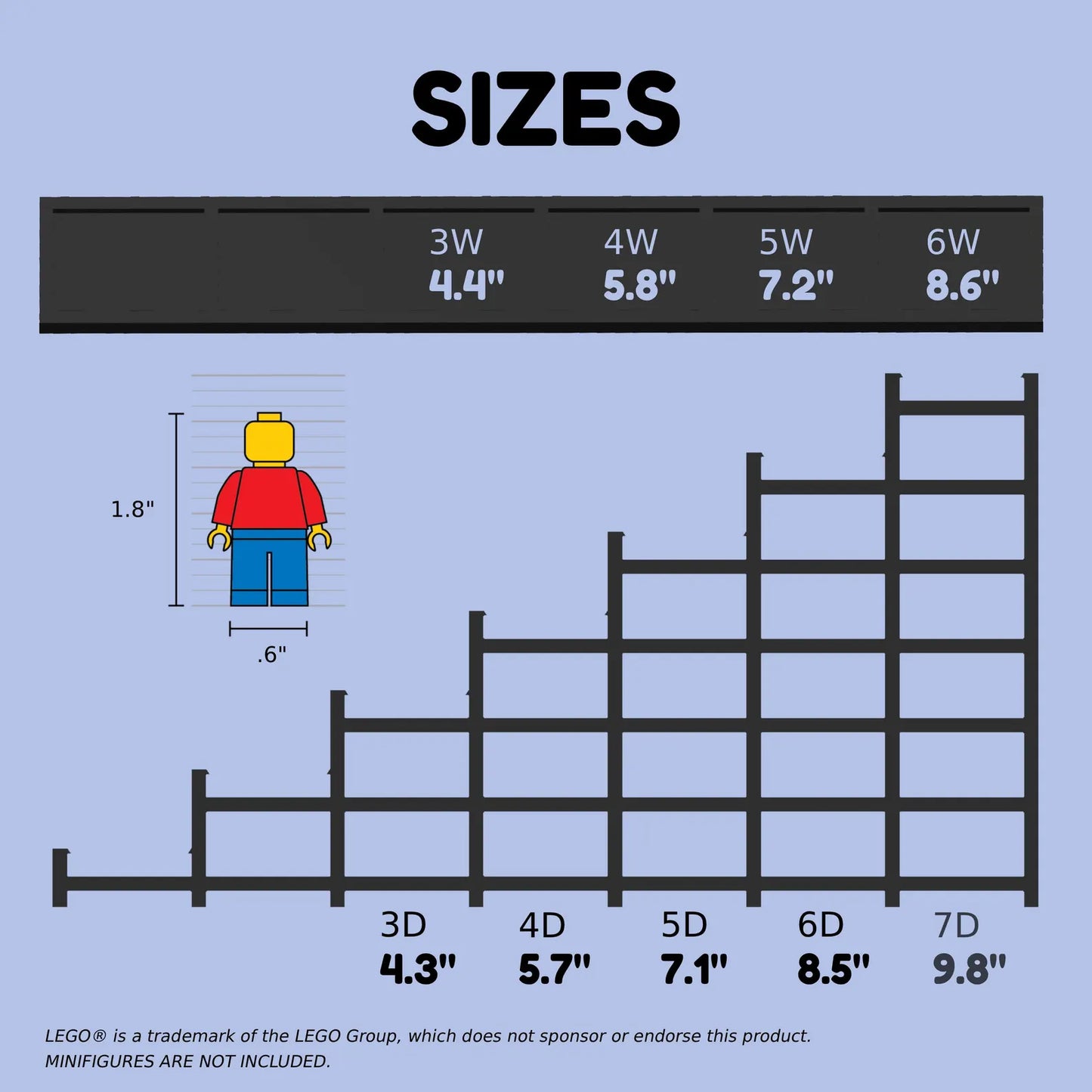 Size chart for tiered LEGO® minifigure display stands showing width and depth options from smaller to larger stands.
