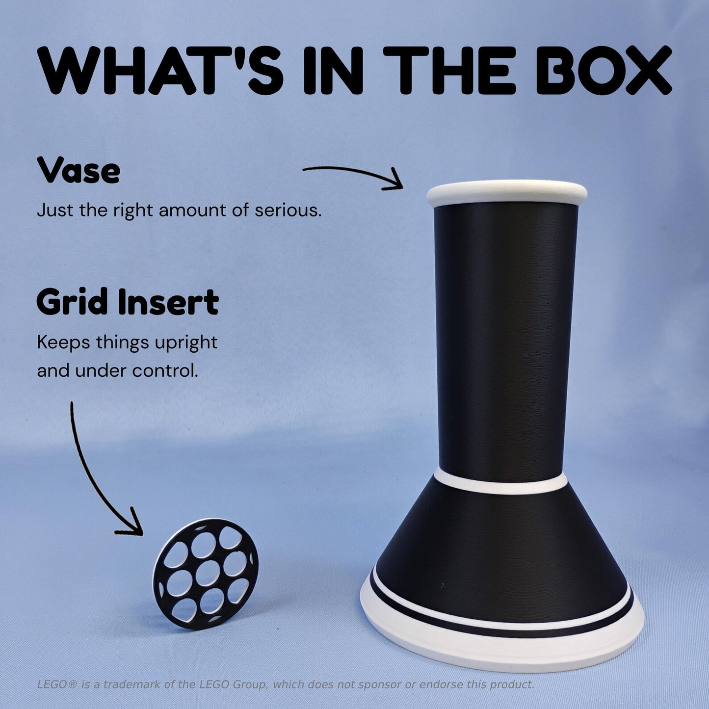 What’s in the box graphic showing minimalist vase and removable grid insert for LEGO® botanical flowers