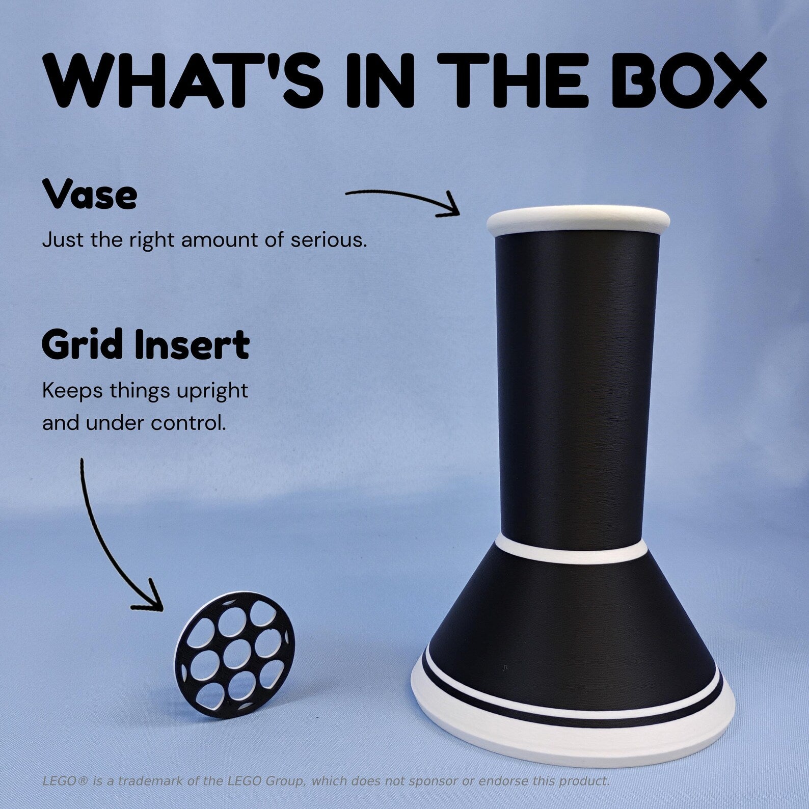 What’s in the box graphic showing minimalist vase and removable grid insert for LEGO® botanical flowers