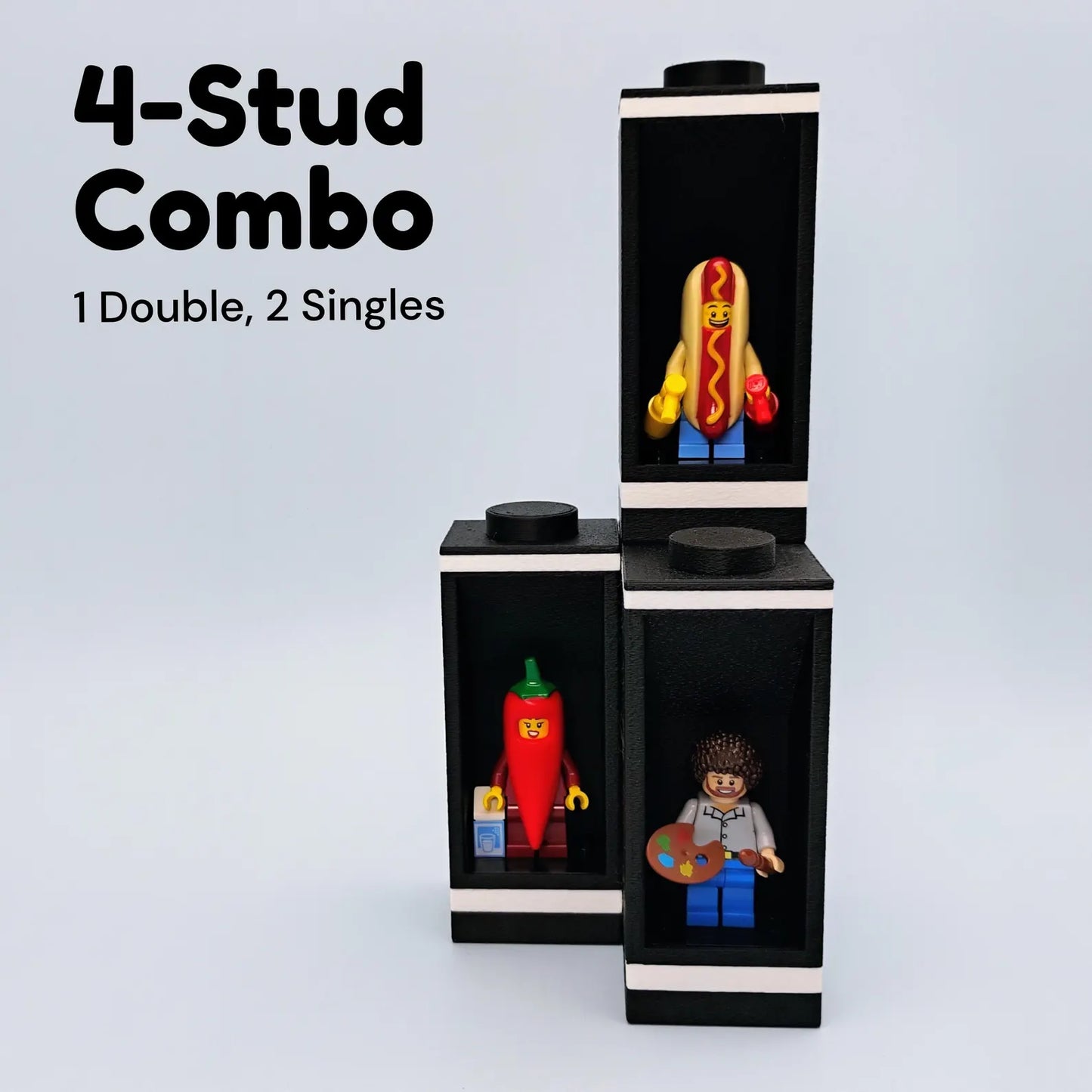 4-stud modular minifigure display combo shown stacked with black and white display units