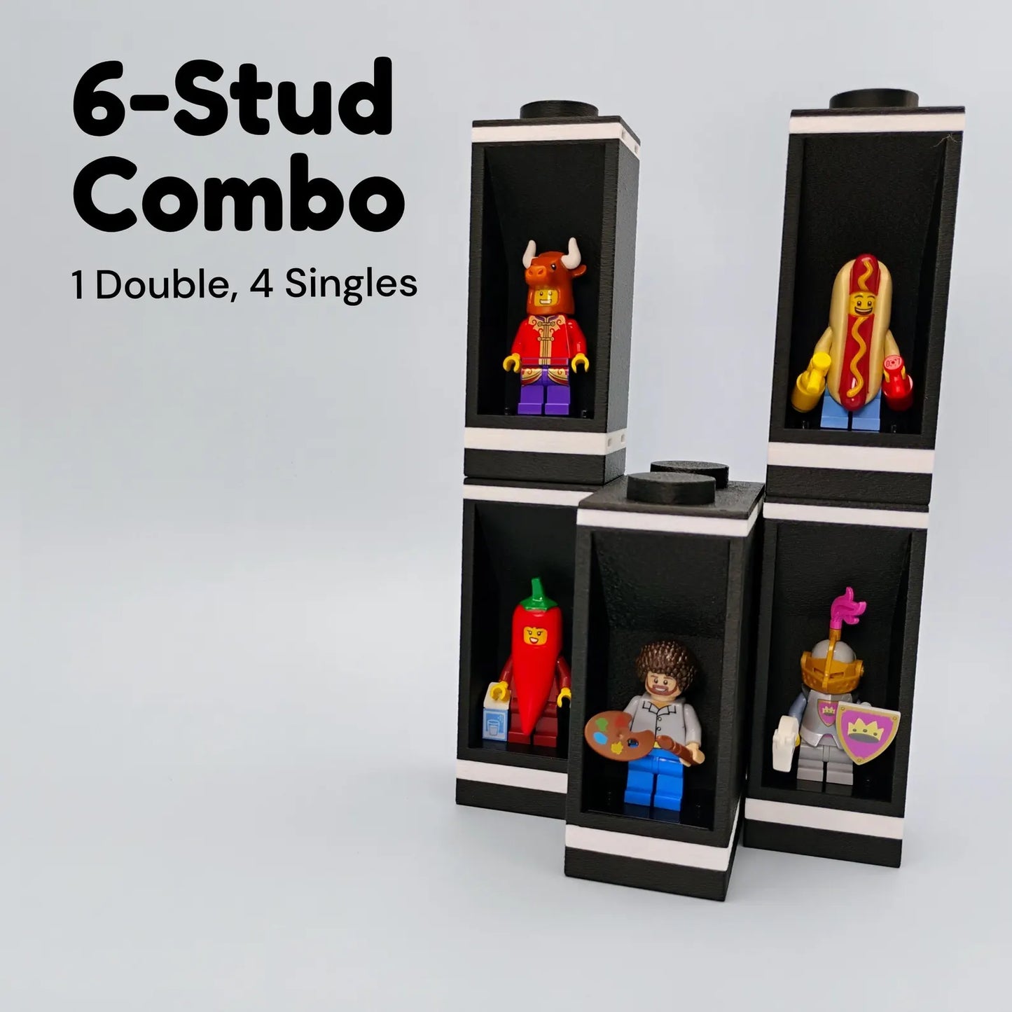 6-stud modular minifigure display configuration showing one double unit and four single units