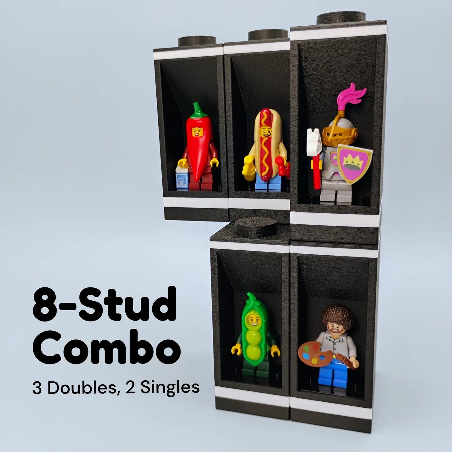 8-stud modular minifigure display combo shown stacked with black display units