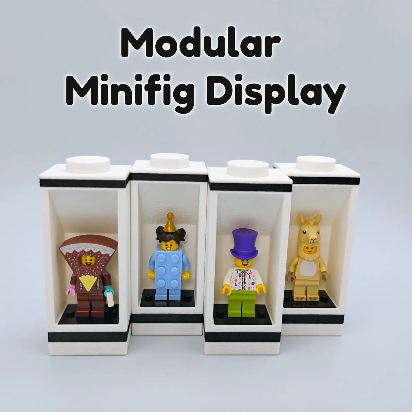 Modular Minifig Display system shown with several LEGO® minifigures in black and white display units