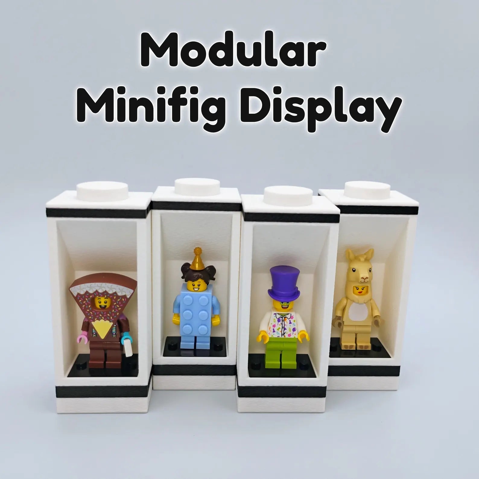 Modular Minifig Display system shown with several LEGO® minifigures in black and white display units