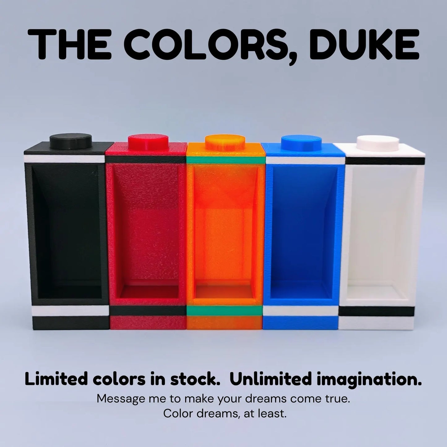 Modular minifigure display color options shown in black red orange blue and white