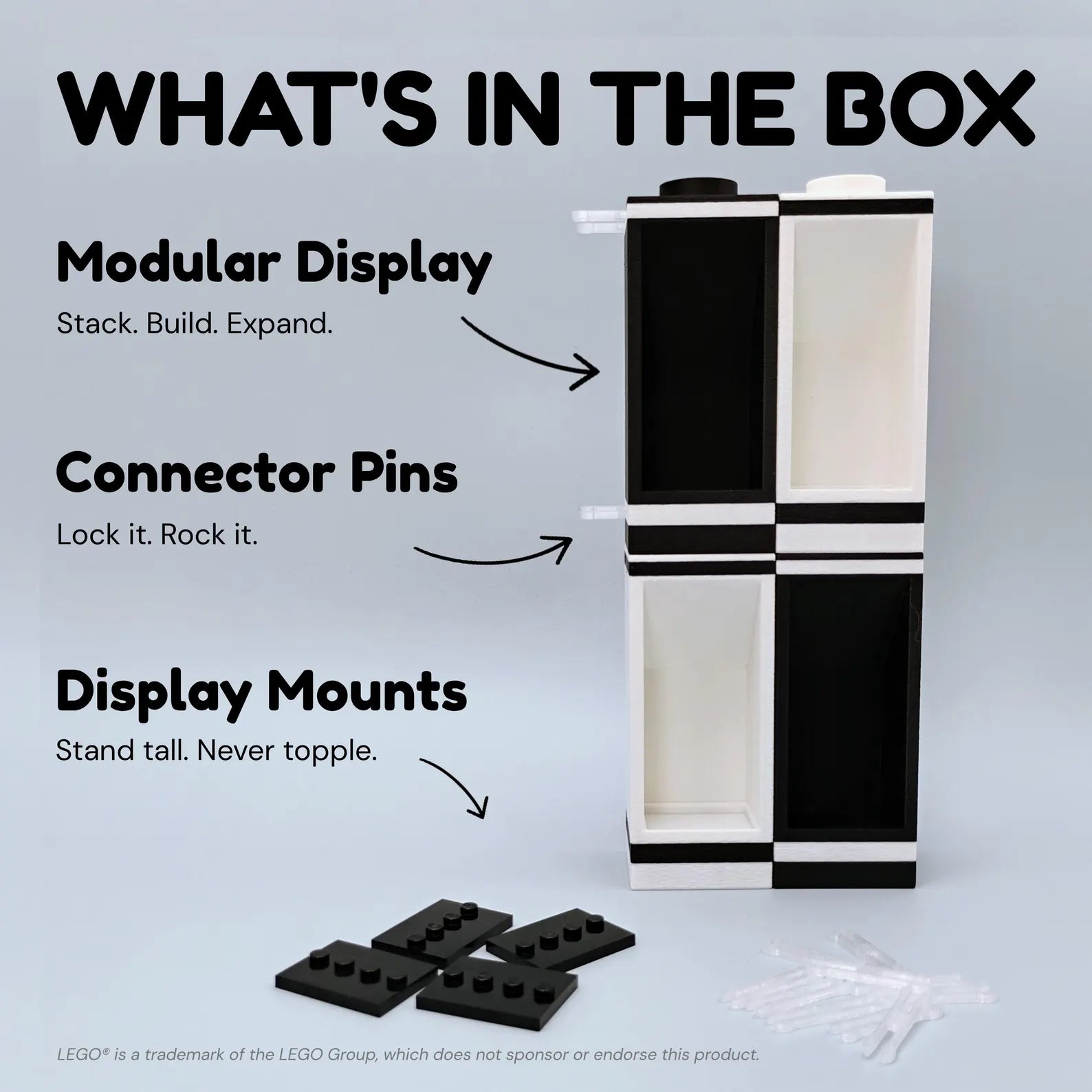 What’s in the box image showing modular display units, connector pins, and display mounts