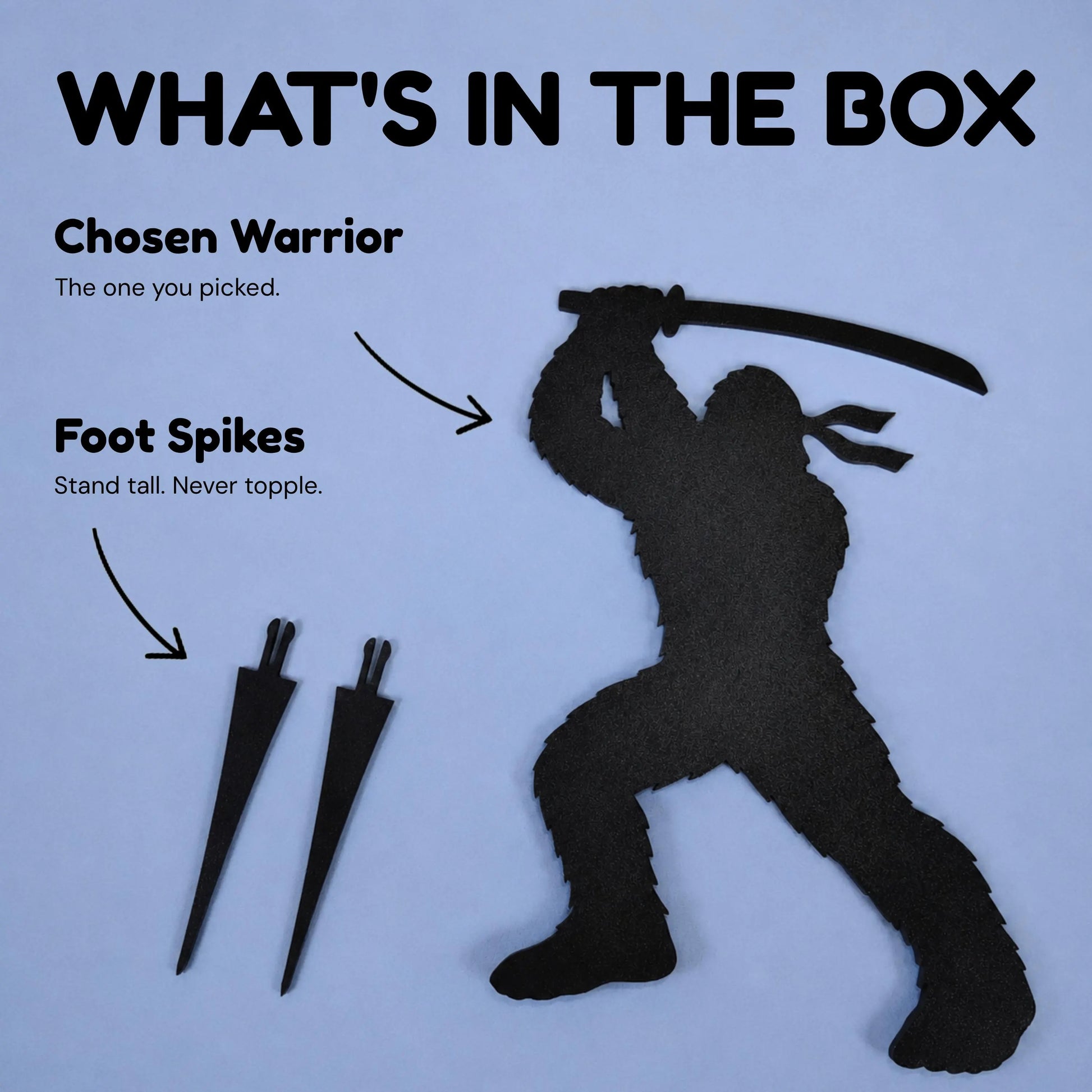 Package contents showing one Ninja Bigfoot figure and two removable four-inch ground spikes.