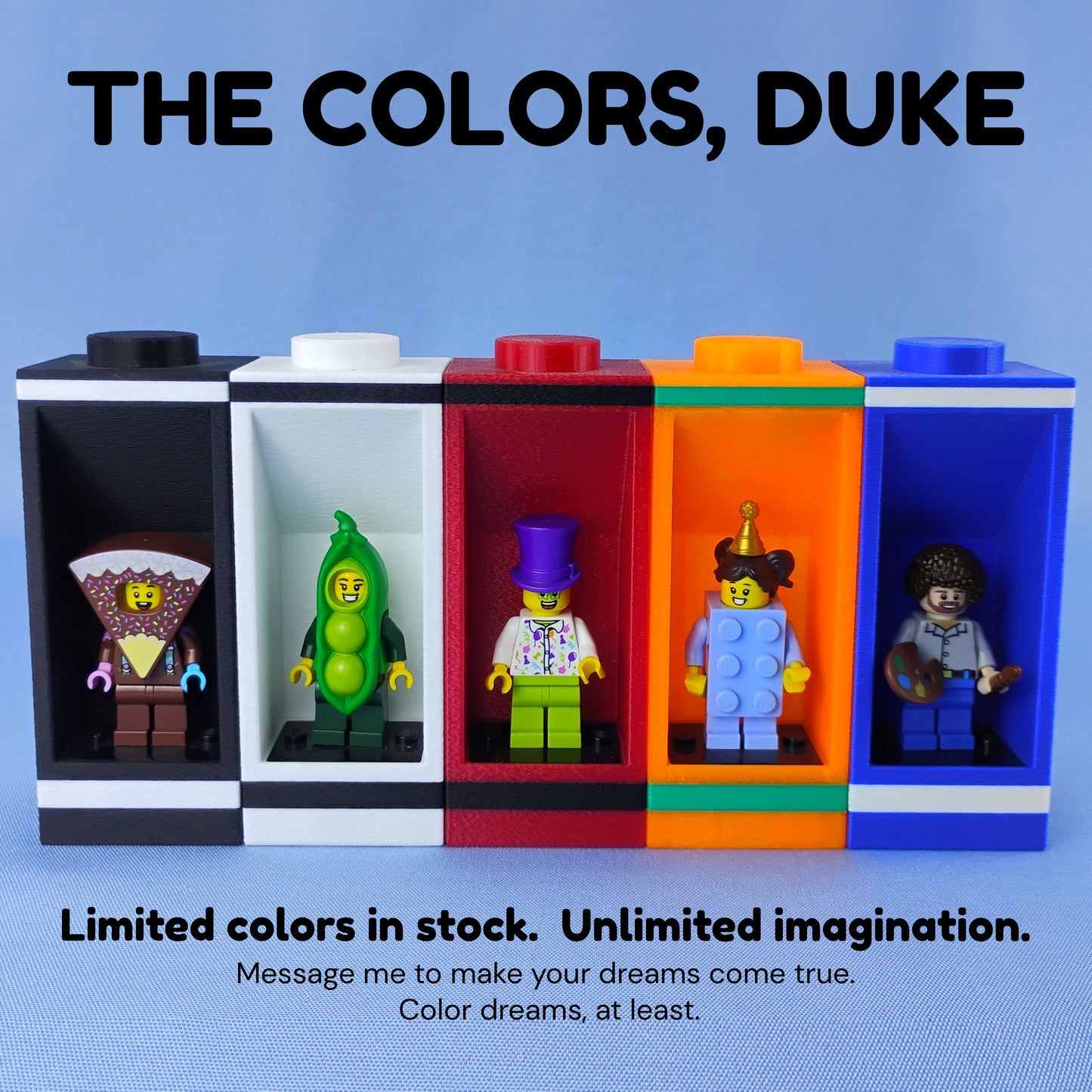 LEGO® minifigure display modules shown in black, white, red, orange and blue to demonstrate available color options.