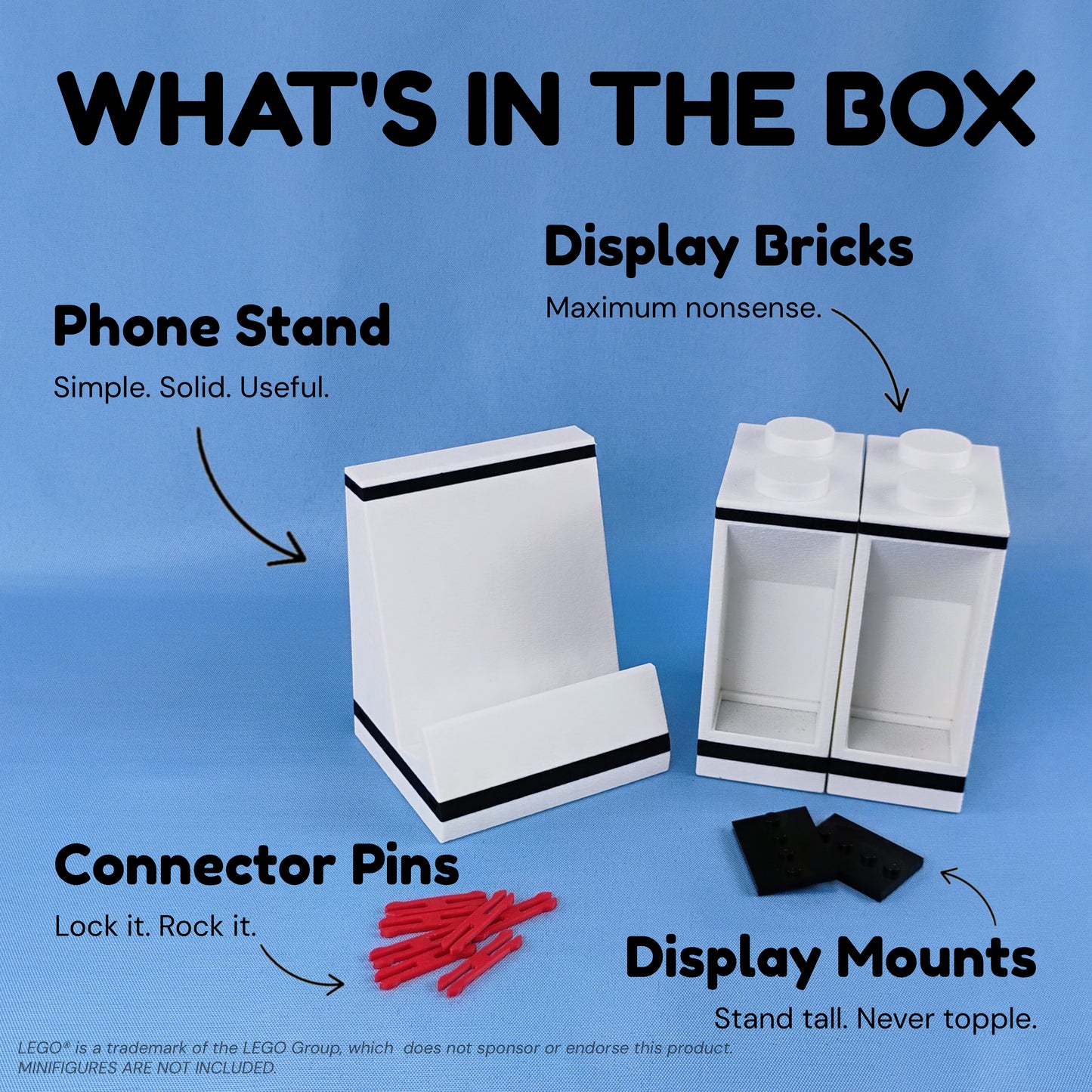 What’s included with the modular phone stand: phone stand, two minifigure display bricks, display plates and connector pins.
