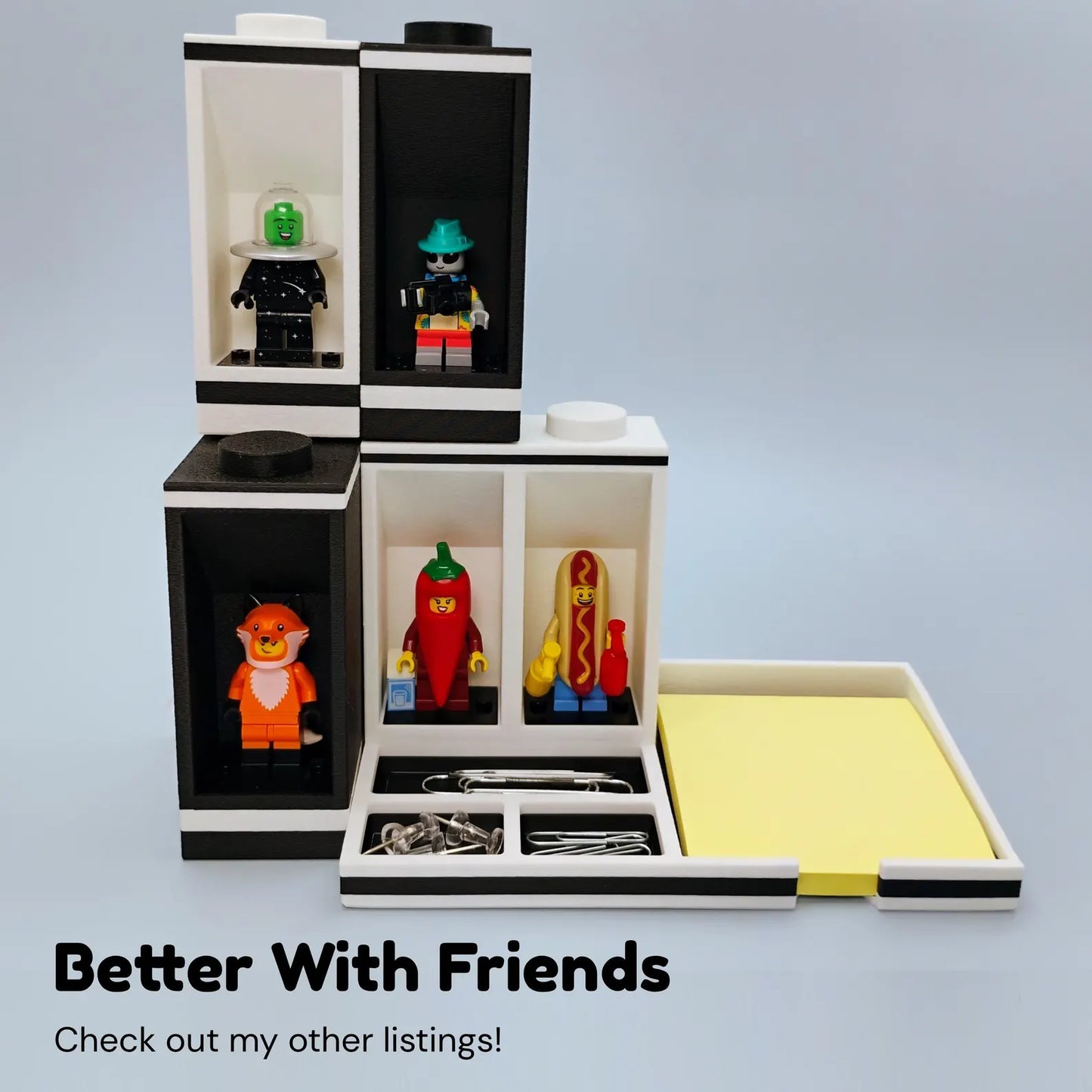Post-it Note holder stacked with matching modular minifigure display pieces