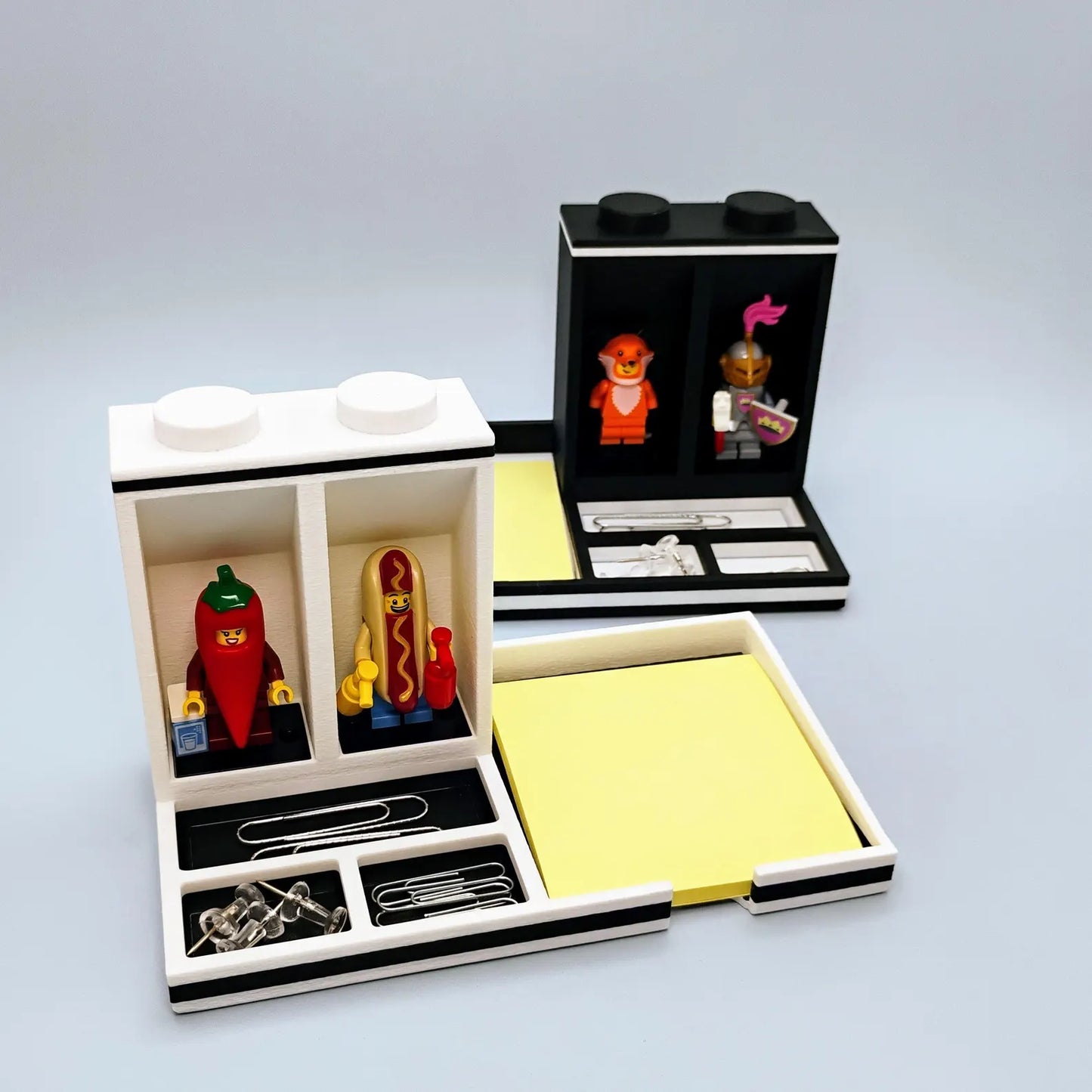 Post-it Note holder with LEGO® minifigure display spots, sticky notes, and small desk storage compartments
