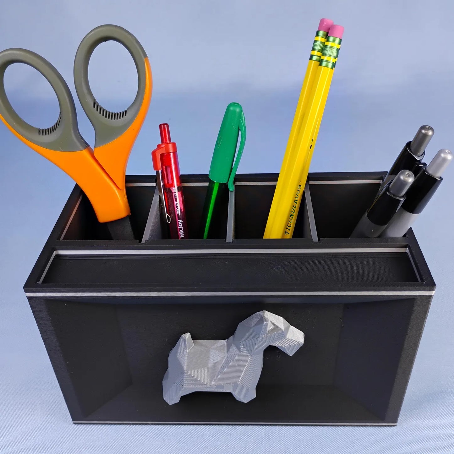 Black Scottish Terrier desk caddy with removable dividers holding pens, pencils, and scissors