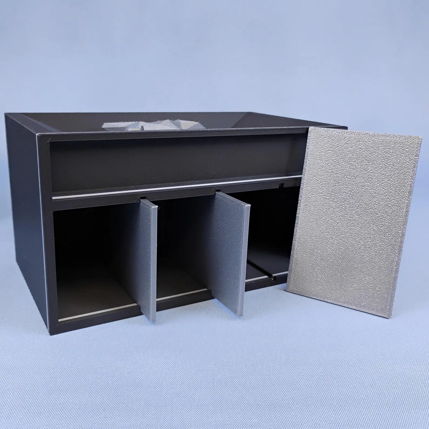 Scottish Terrier desk organizer shown with removable divider insert for separating remotes, pens, and office tools