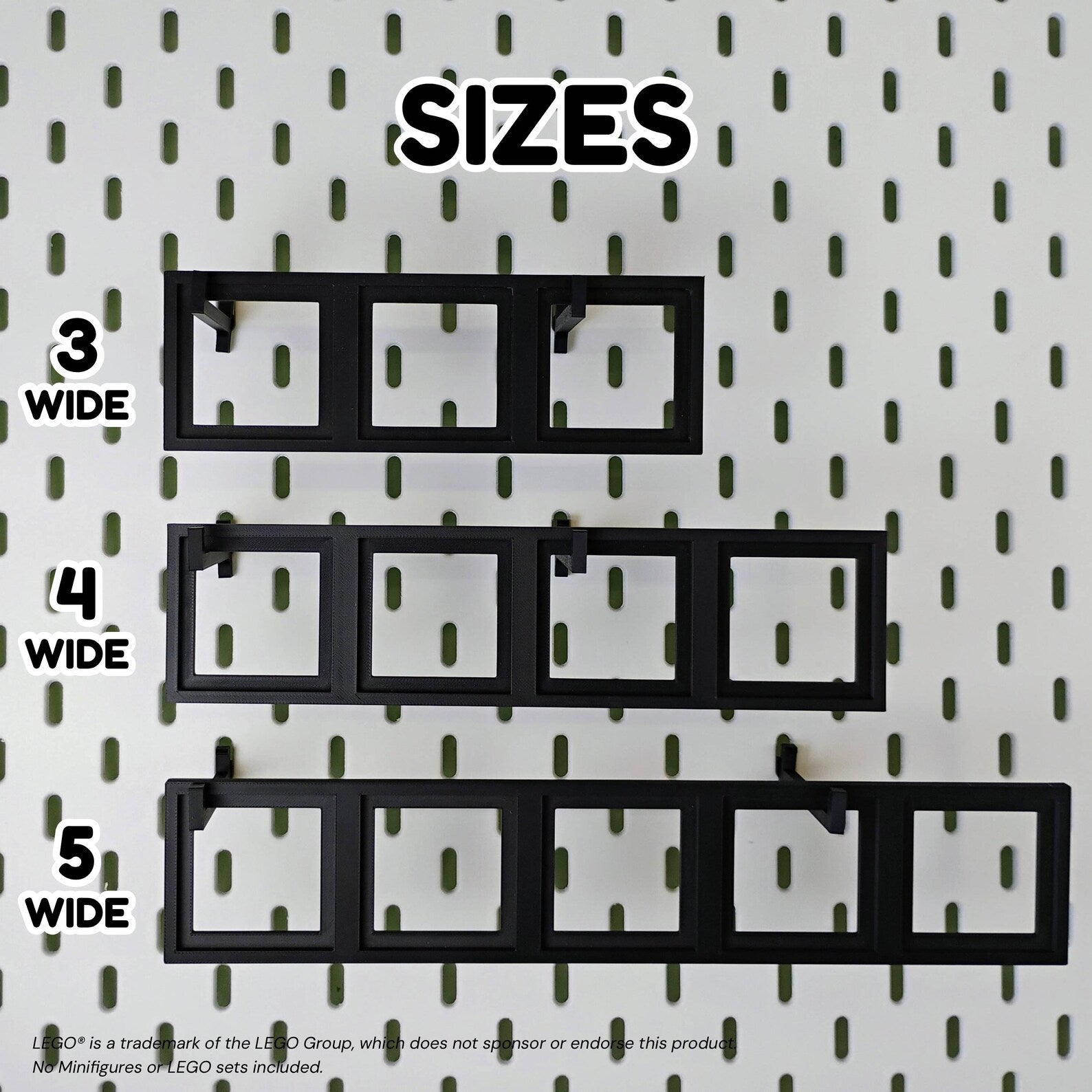 Size options graphic for SKÅDIS-compatible shelves for LEGO® BrickHeadz™ figures, showing 3-wide, 4-wide, and 5-wide shelf layouts.