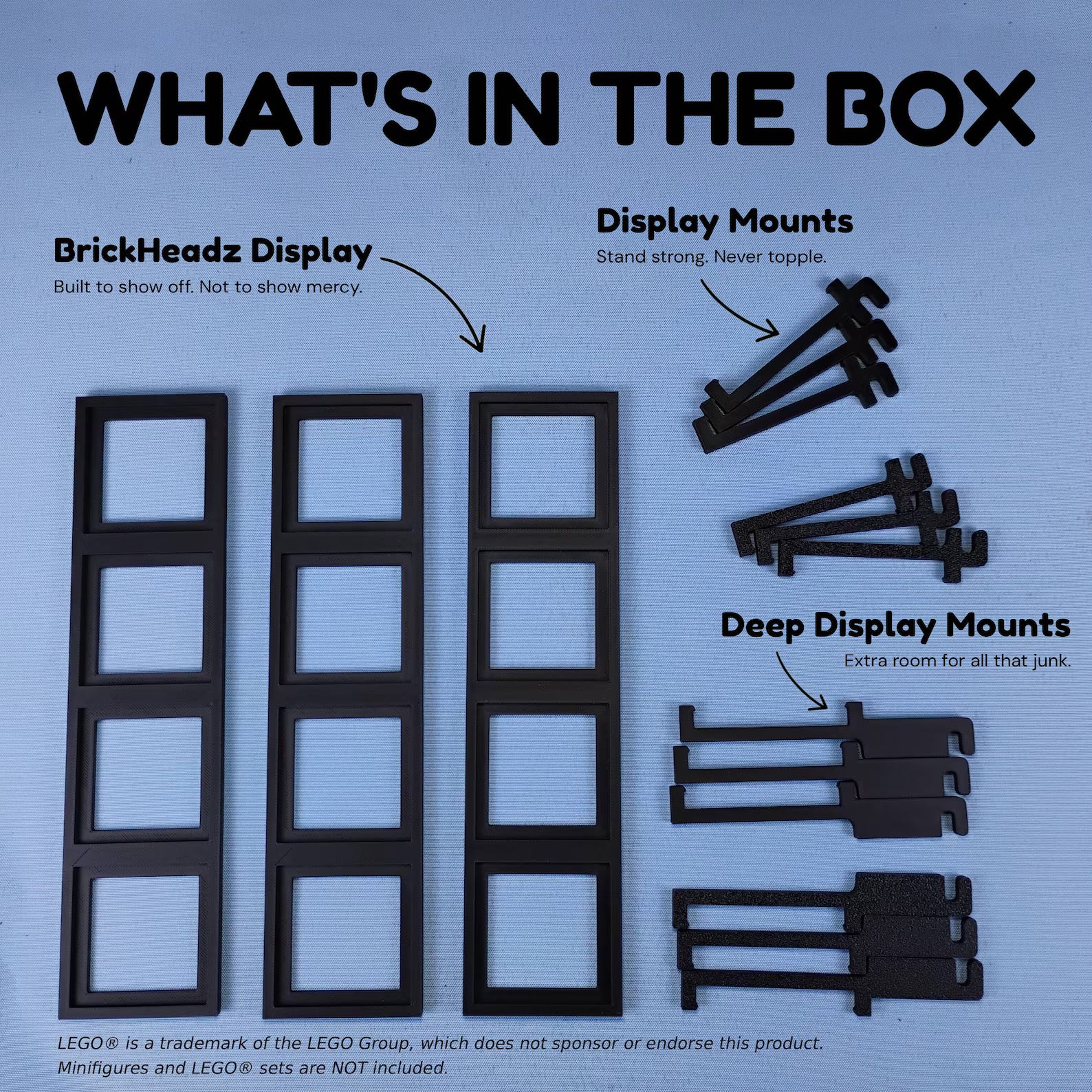What’s in the box graphic for SKÅDIS-compatible BrickHeadz™ shelves, showing shelf displays, support pins, and extra-deep display mounts.