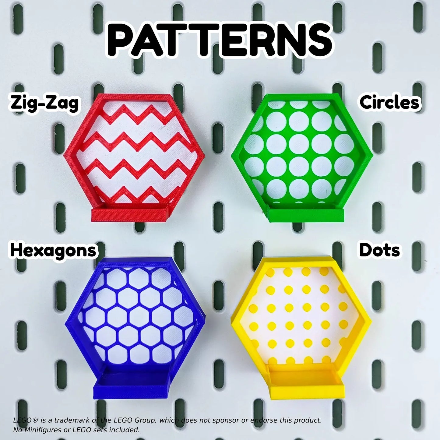 Pattern options for SKÅDIS-compatible hexagon minifigure displays, showing zig-zag, circles, hexagons, and dots in bright colors.