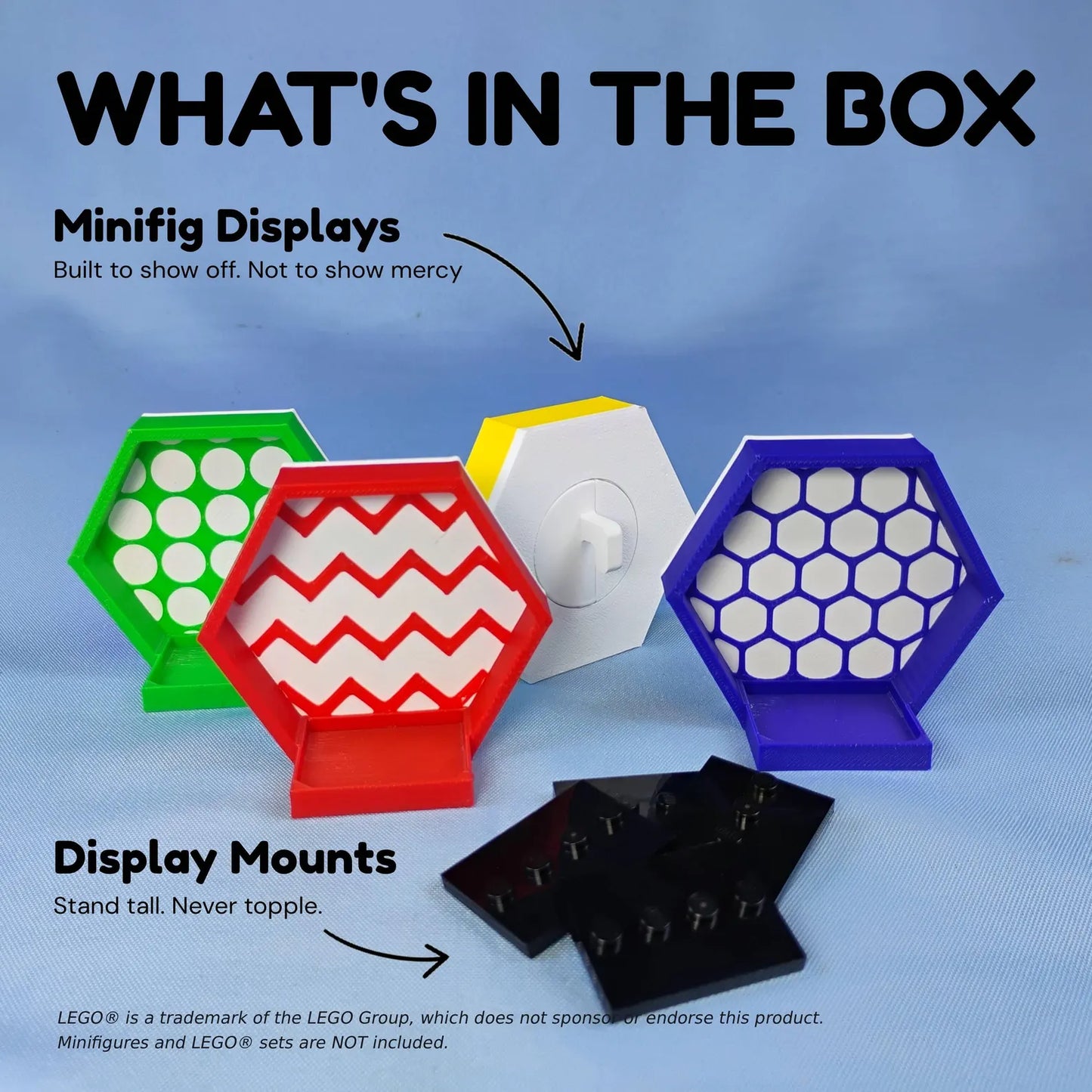 What’s in the box graphic for SKÅDIS-compatible hexagon minifigure displays, showing frames, display mounts, and included LEGO® plates.