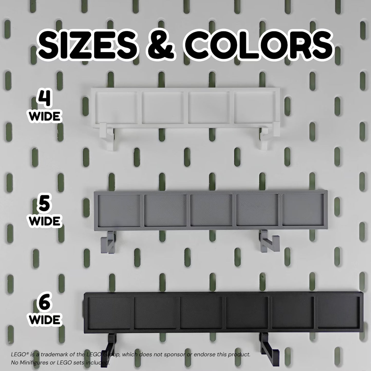 Size and color graphic showing 4 wide, 5 wide, and 6 wide SKADIS minifigure shelves