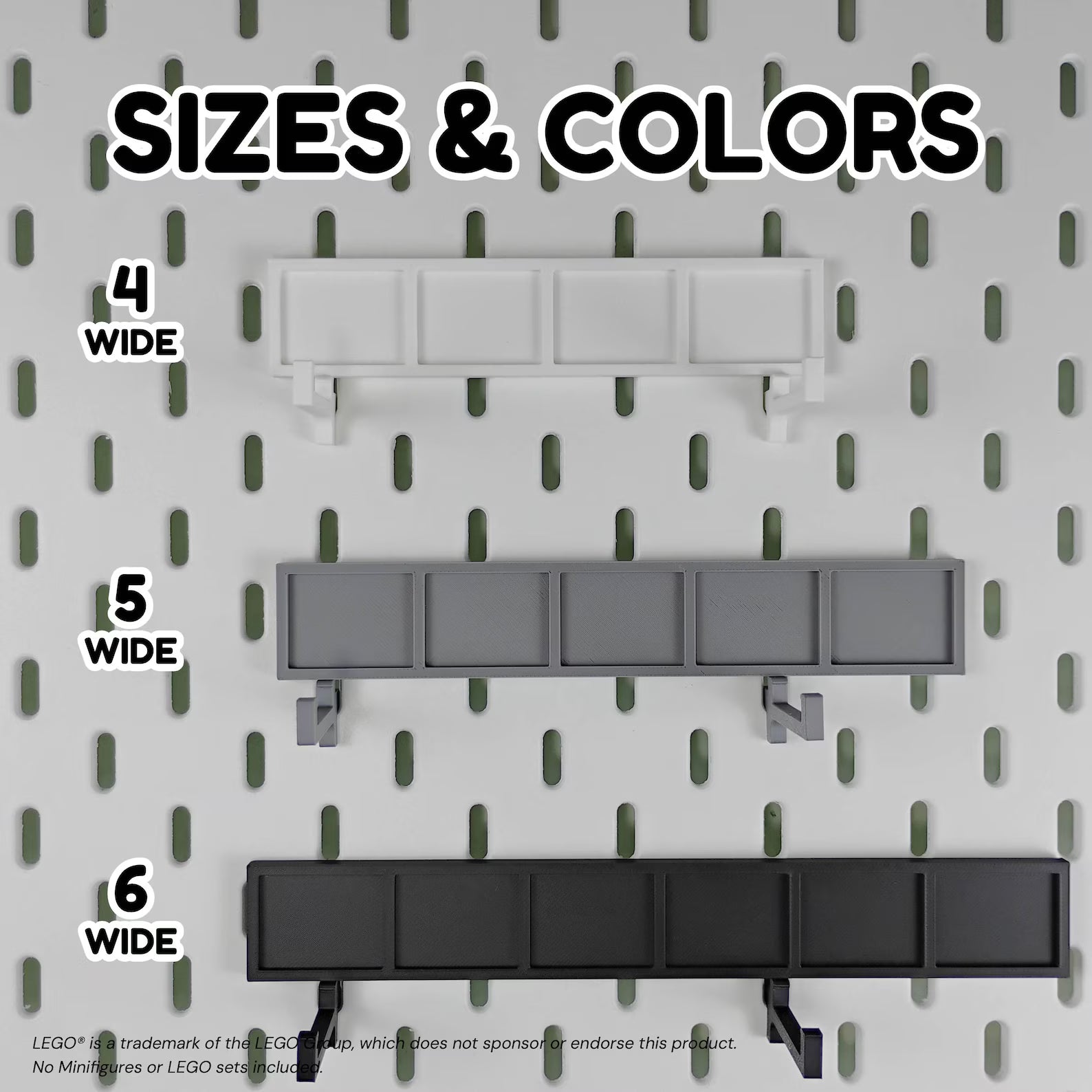 Size and color graphic showing 4 wide, 5 wide, and 6 wide SKADIS minifigure shelves