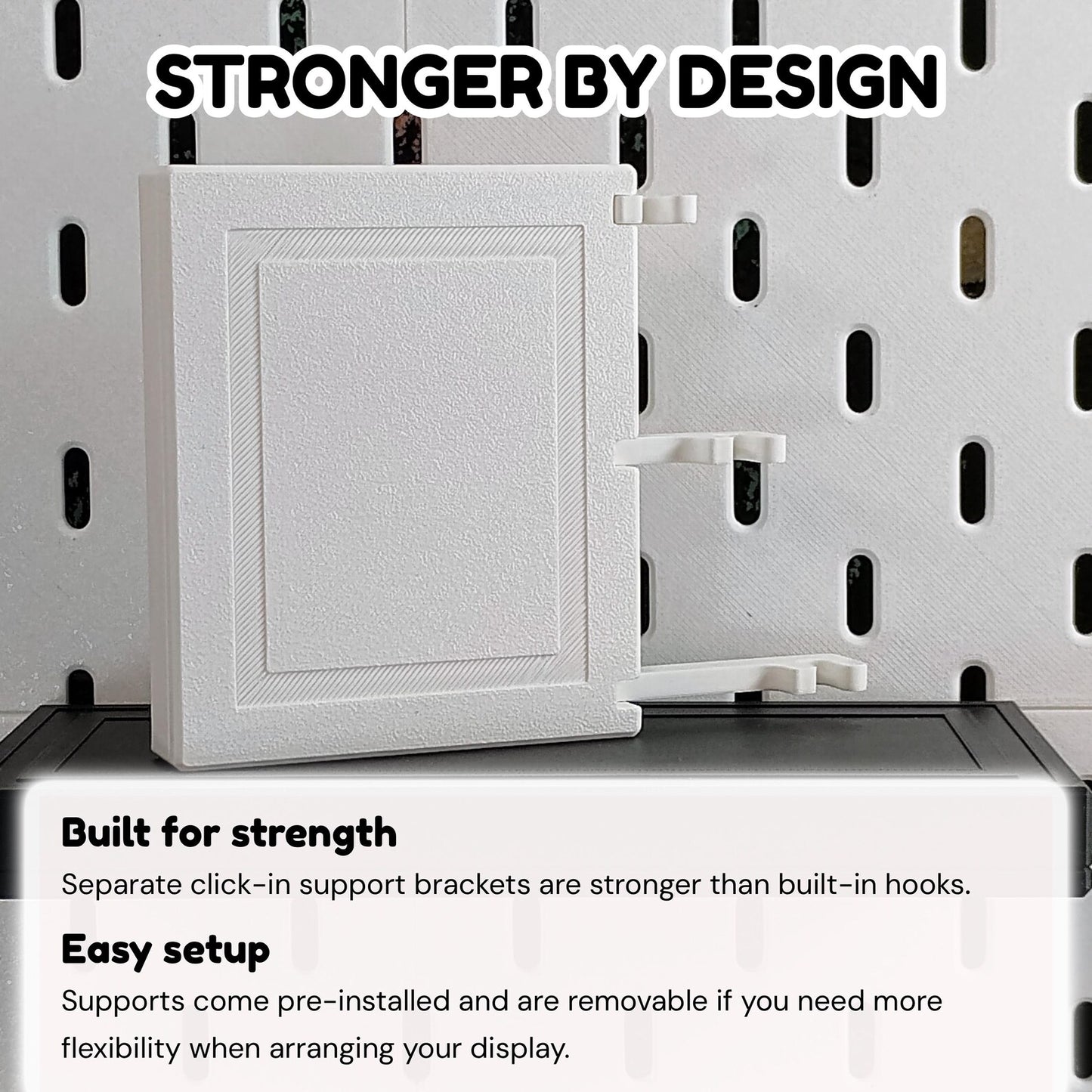 Product graphic explaining hidden support pieces and stronger separate shelf design