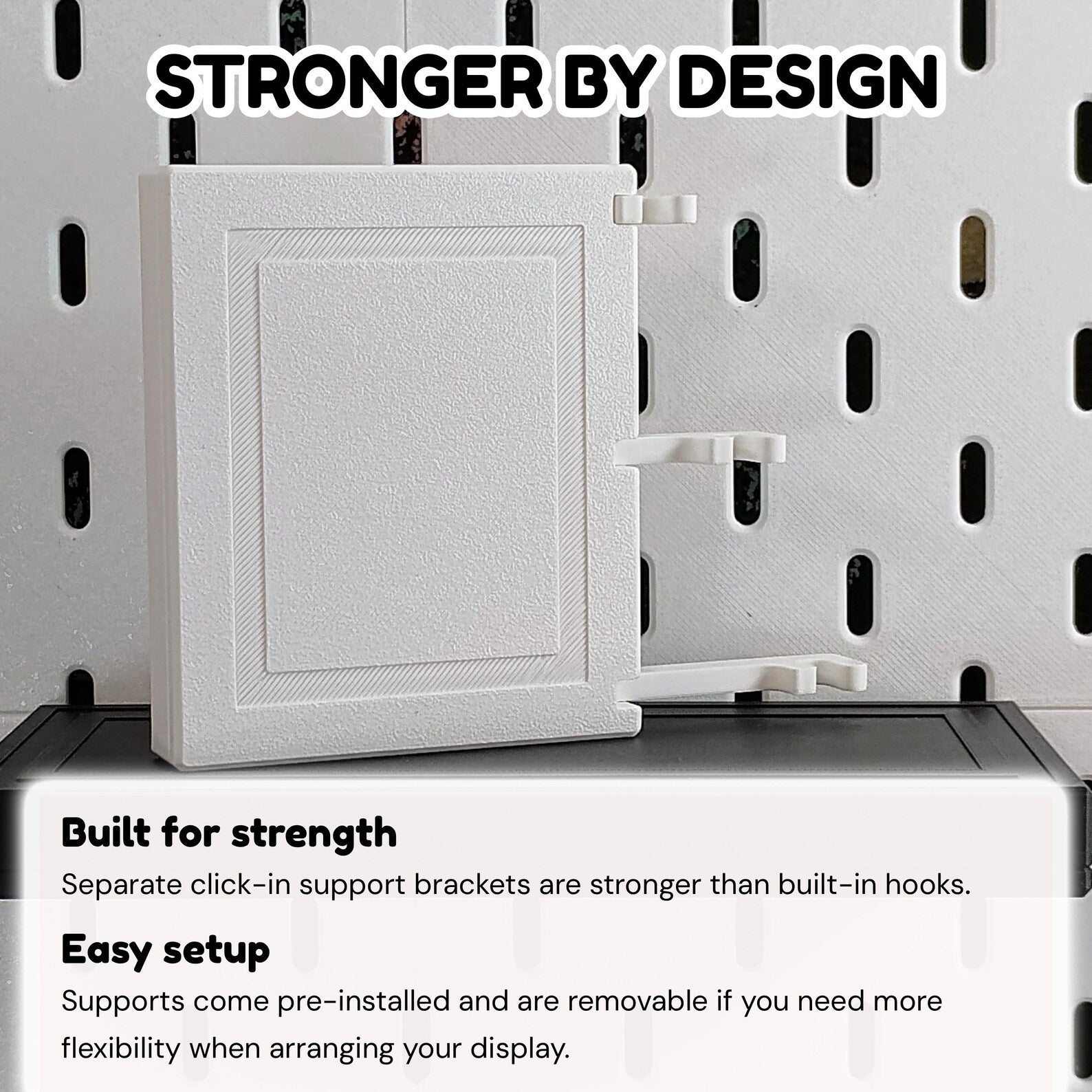 Product graphic explaining hidden support pieces and stronger separate shelf design