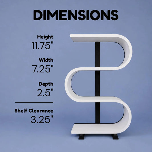 Squiggly display shelf dimensions showing an approximate height of 11.75 inches, width of 7.25 inches, depth of 2.5 inches, and shelf clearance of 3.25 inches.