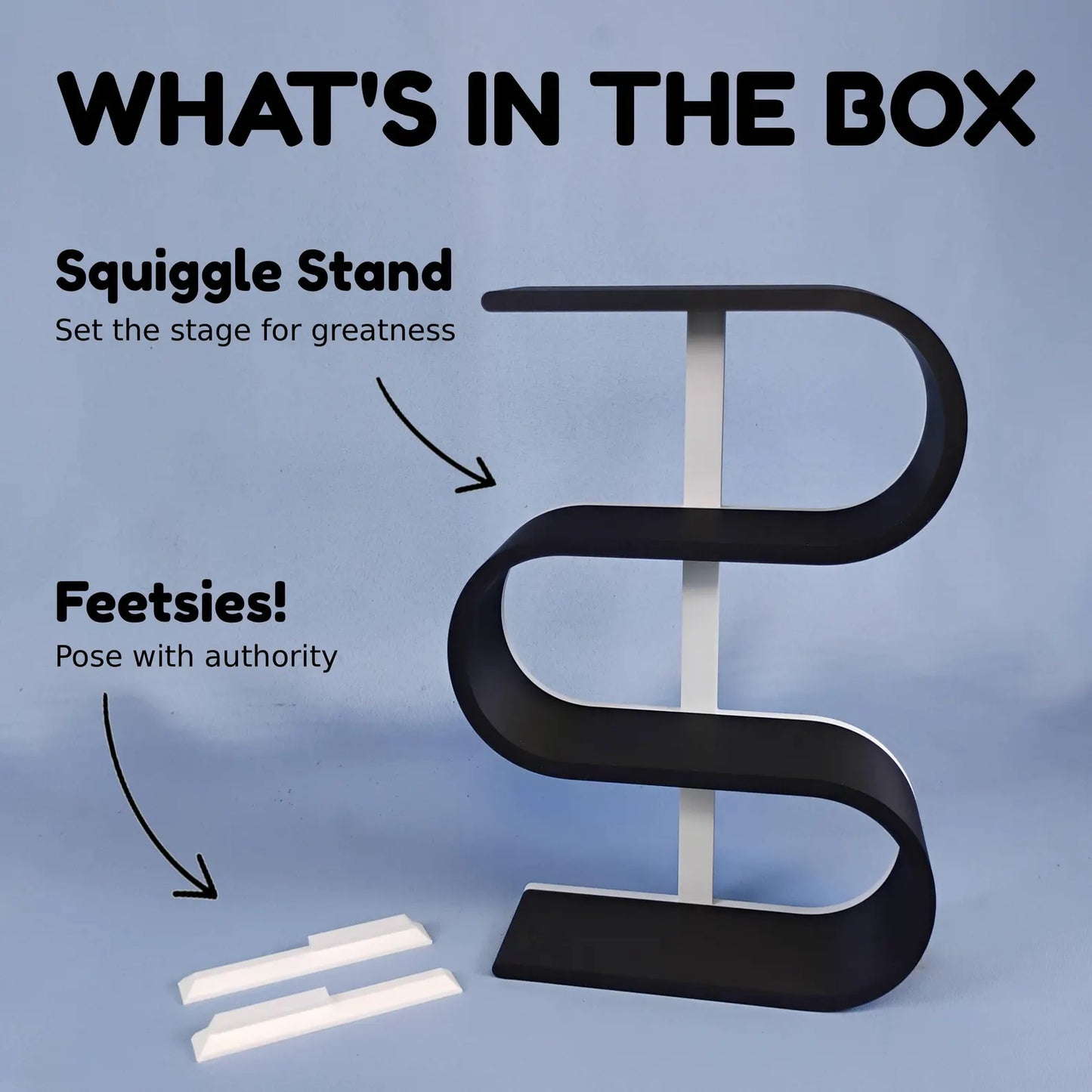 What’s included with the squiggly display shelf: one three-tier curved shelf and a set of removable feet for freestanding tabletop display.
