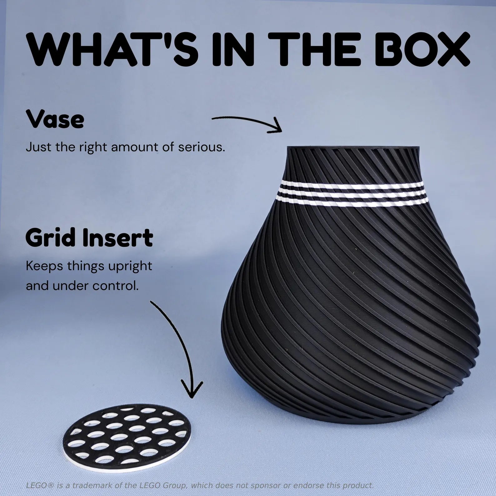 What’s in the box graphic showing swirly vase and removable grid insert for LEGO® botanical flowers