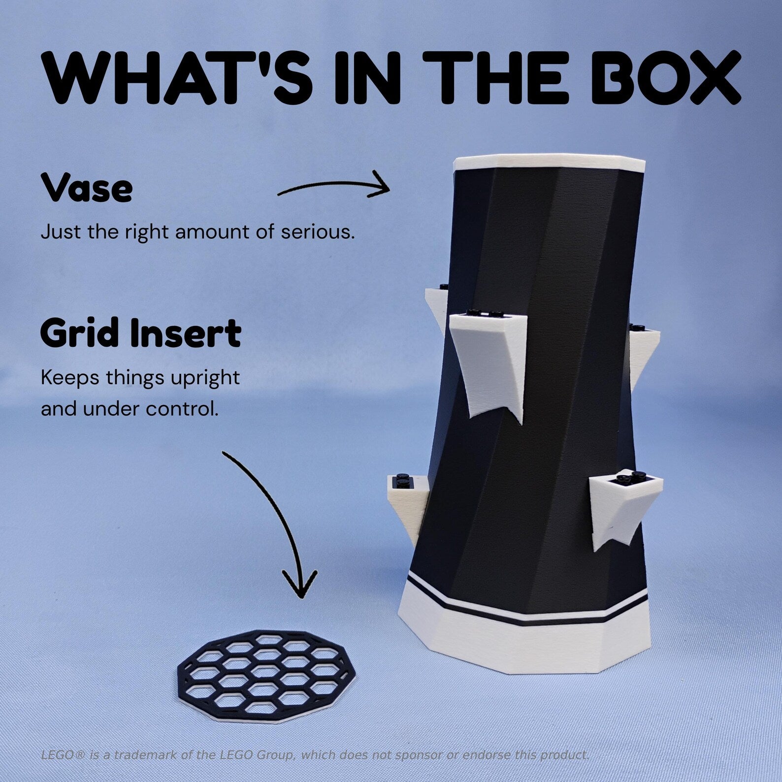 What’s in the box graphic showing vase and removable grid insert for LEGO® botanical flower display