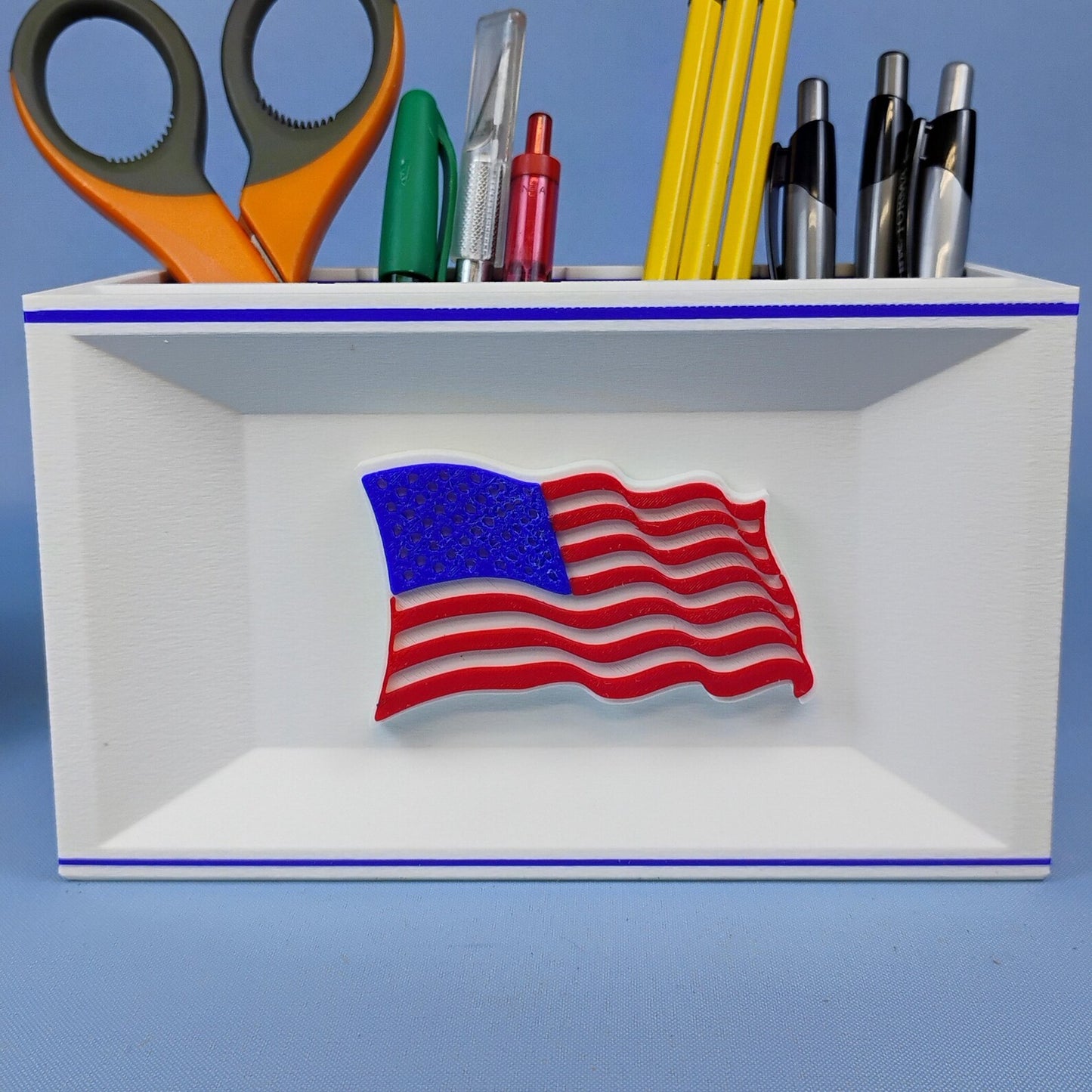 White American flag desk organizer with bold raised flag detail shown from the front