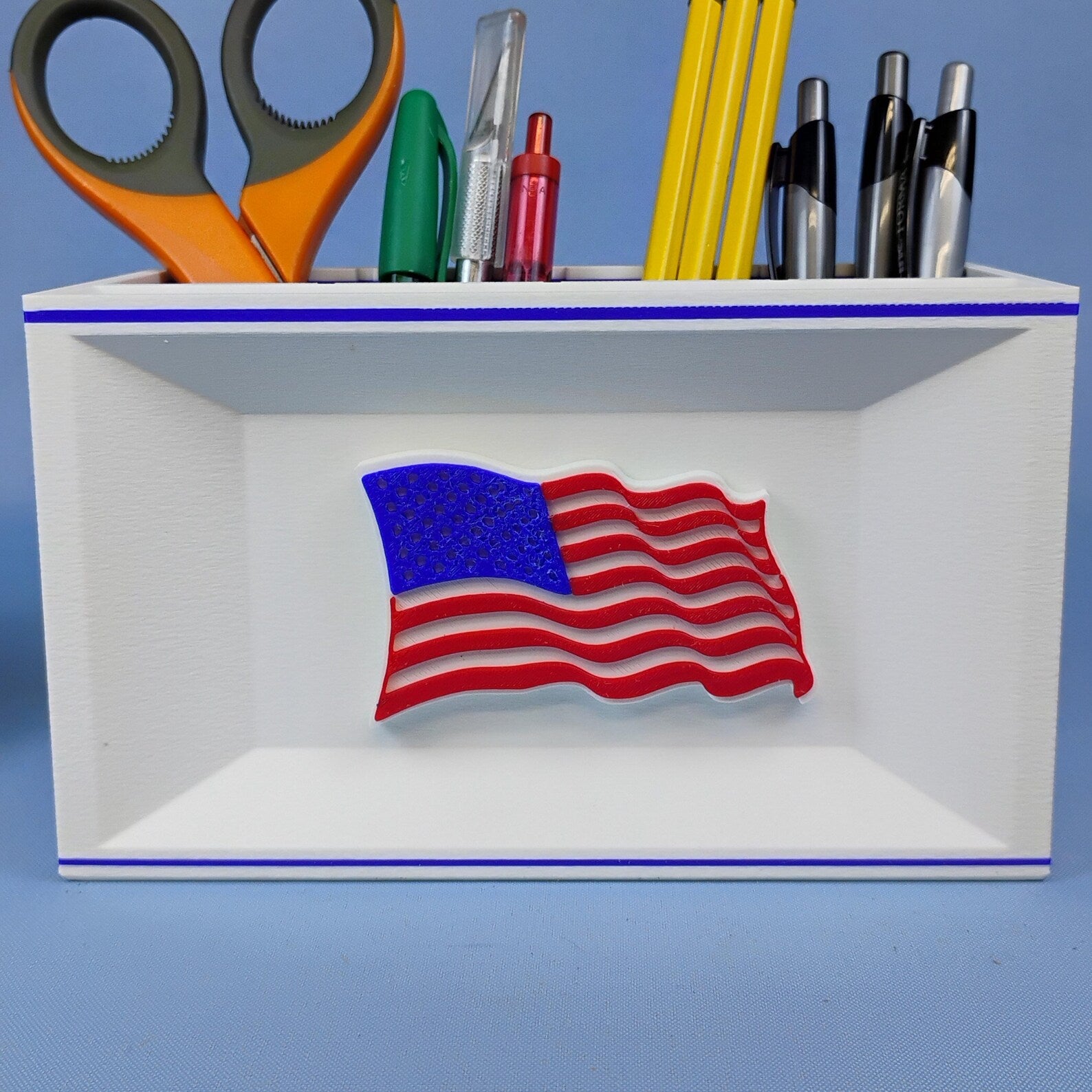 White American flag desk organizer with bold raised flag detail shown from the front