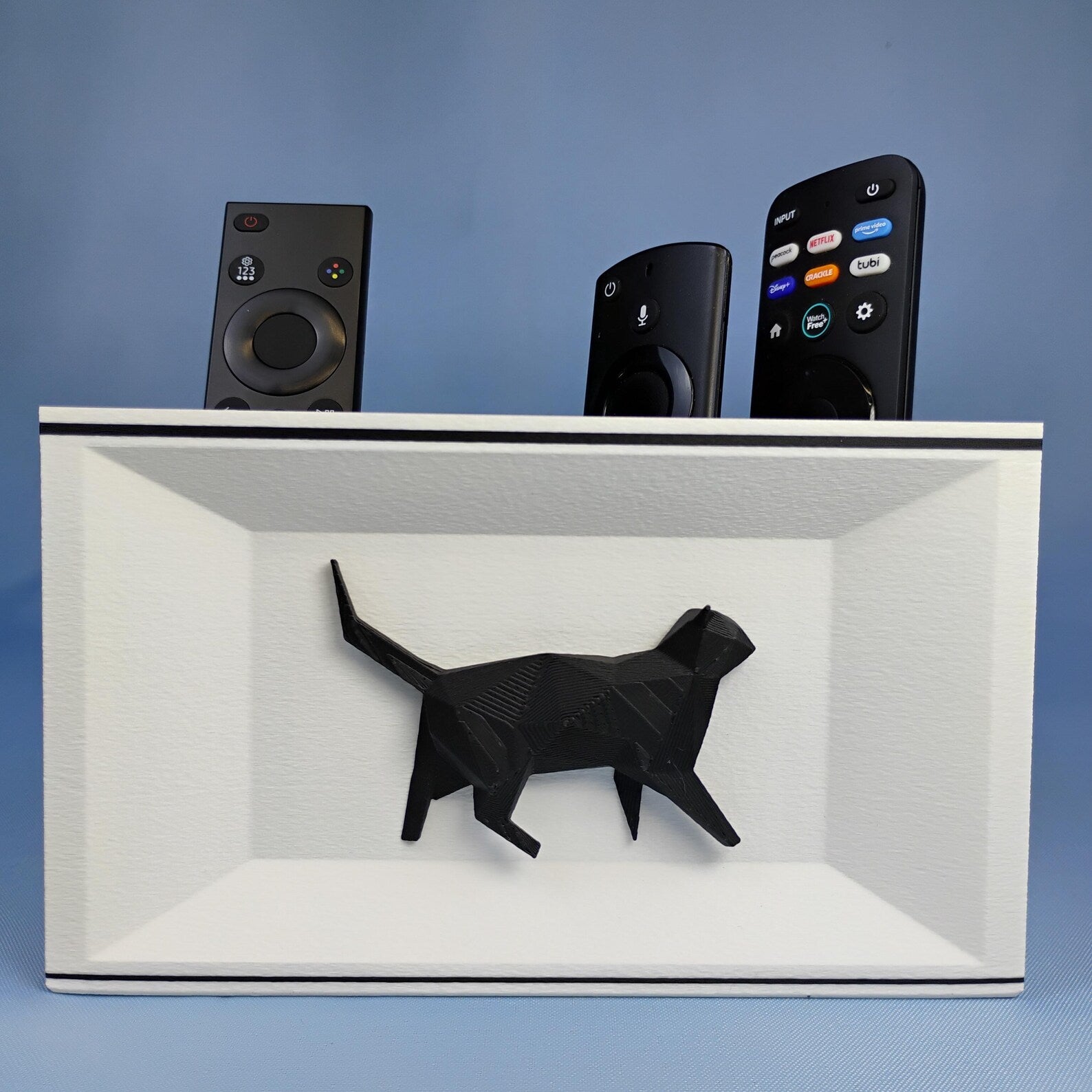 White Cat remote holder with black cat detail and removable divider compartments