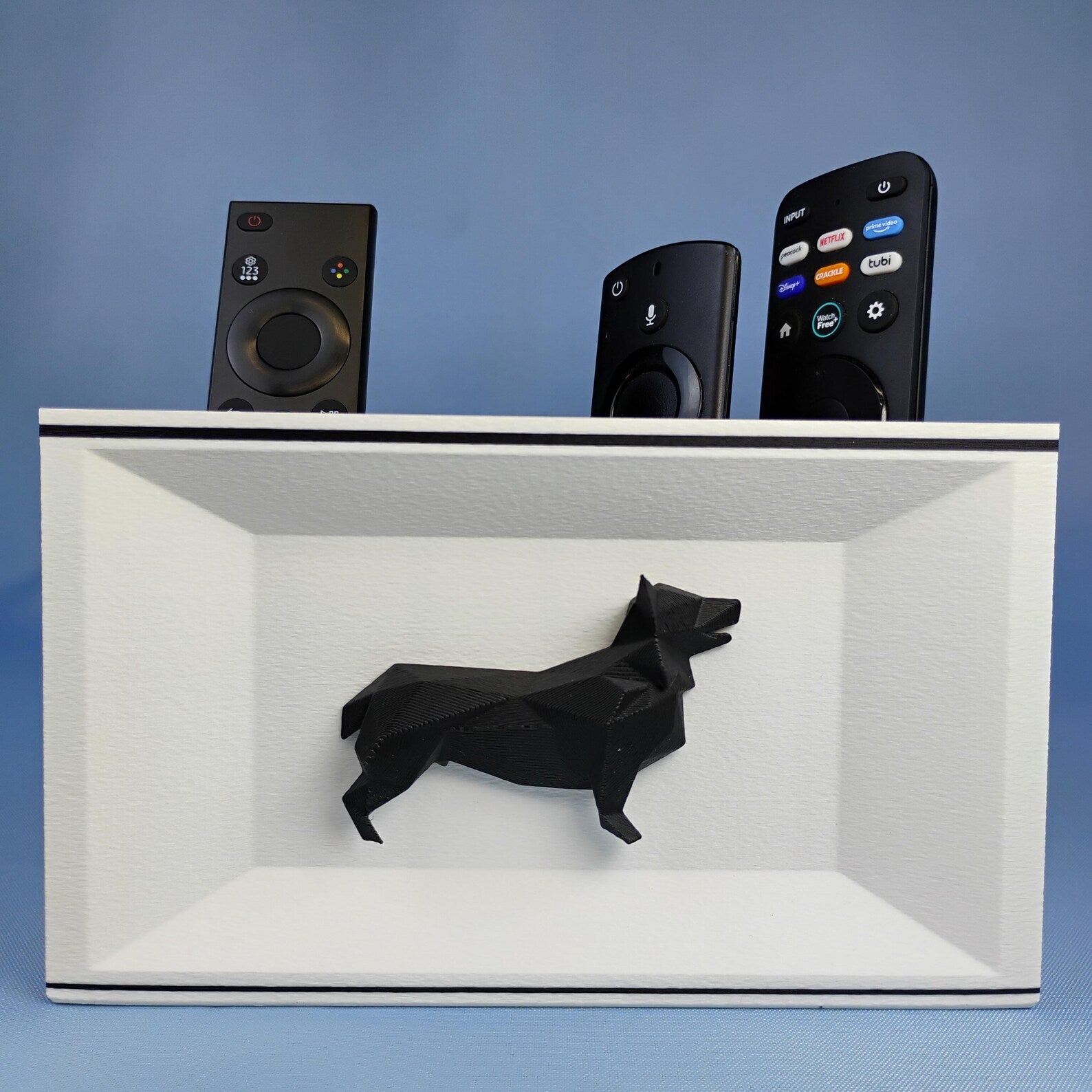 White Corgi remote holder with black dog detail and removable divider compartments