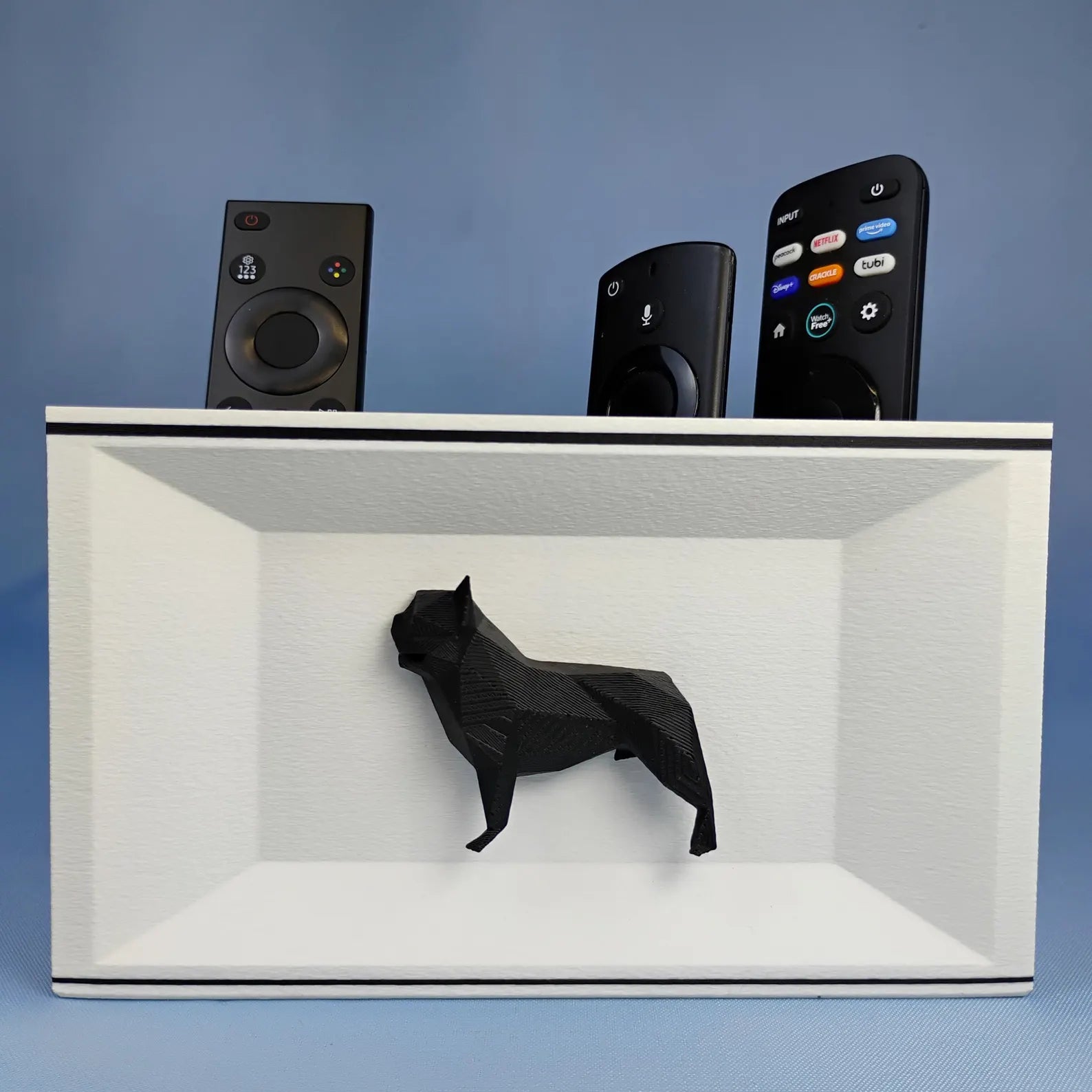 White French Bulldog remote holder with black dog detail and removable divider compartments