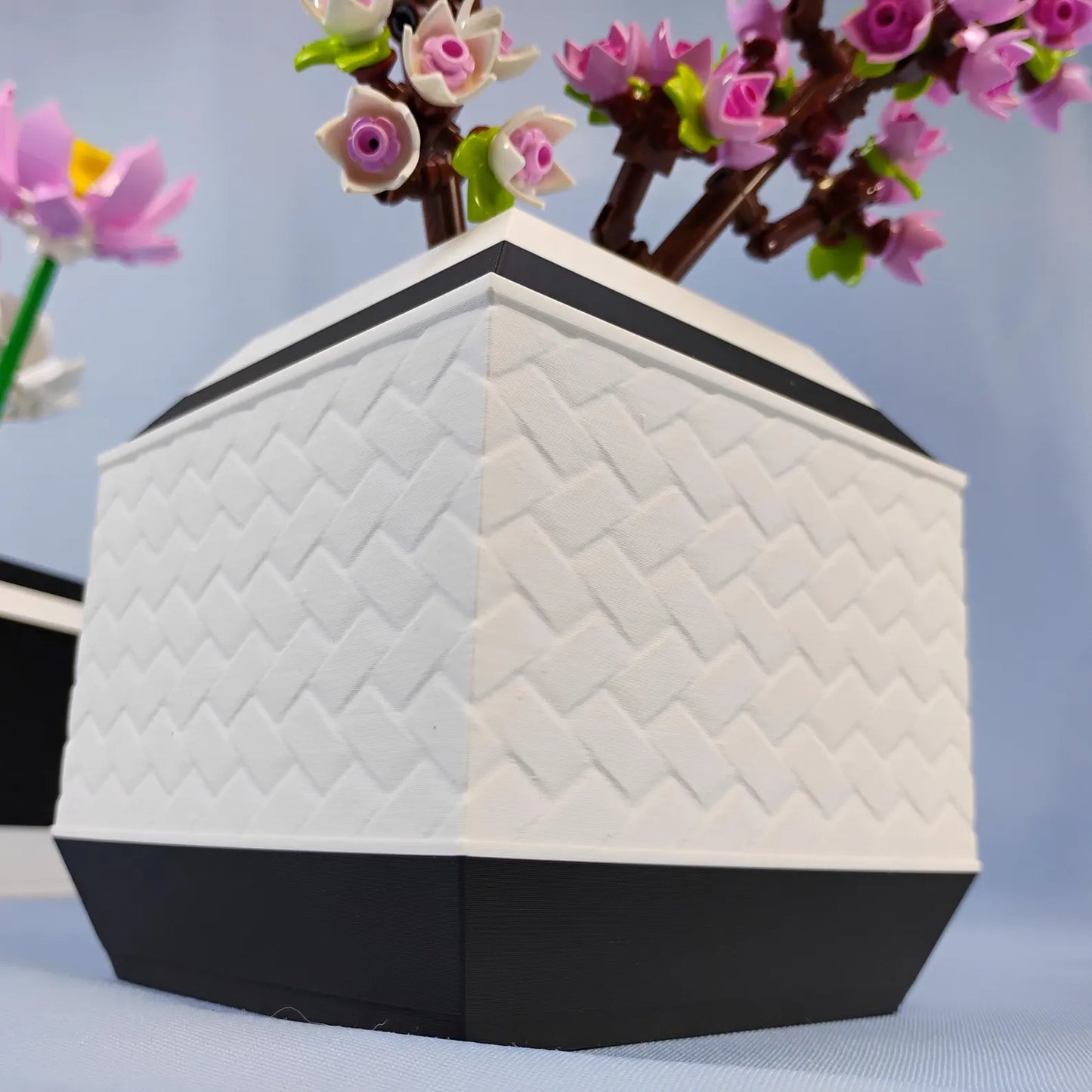 White geometric vase with textured side detail for LEGO® botanical flower displays