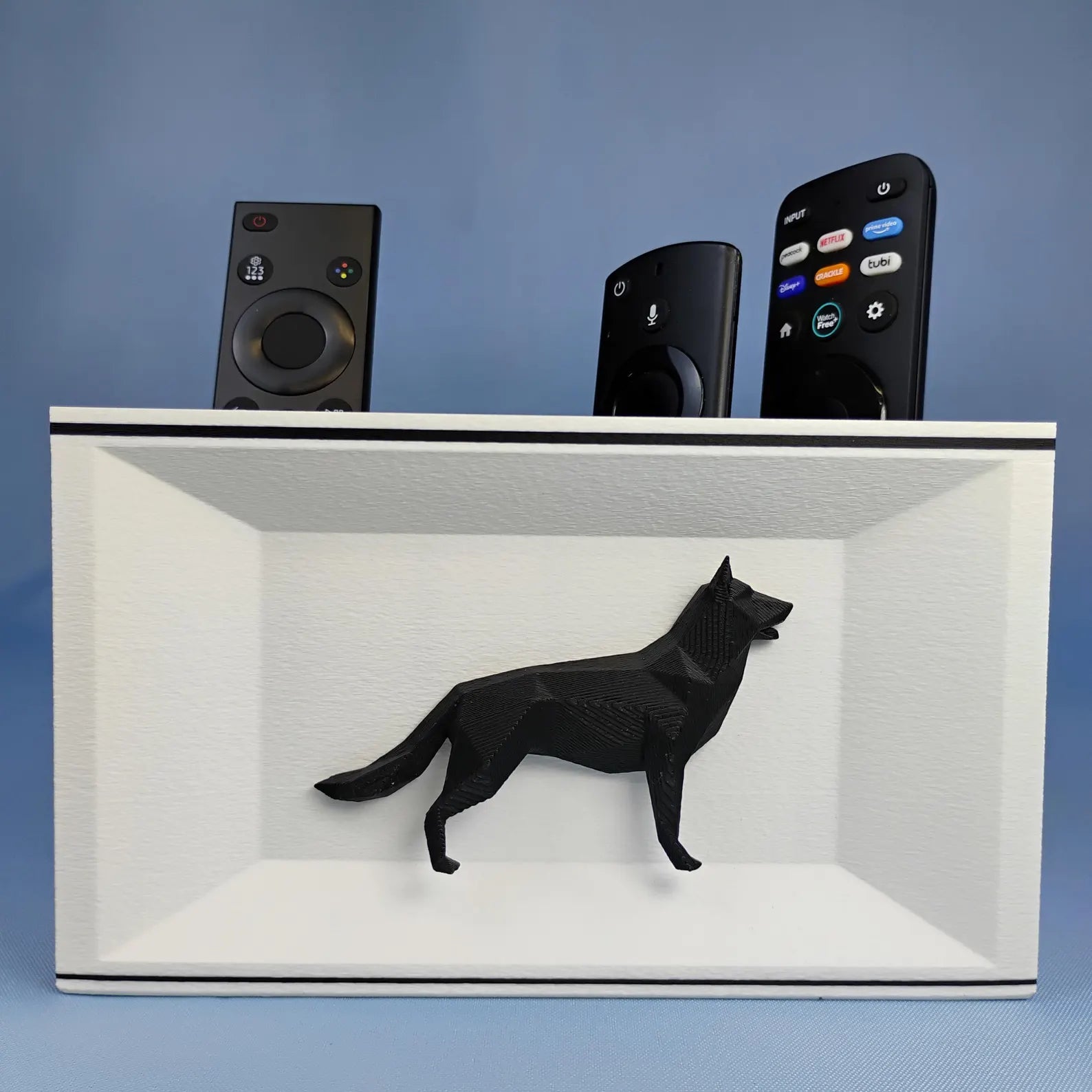White German Shepherd remote holder with black dog detail and removable divider compartments