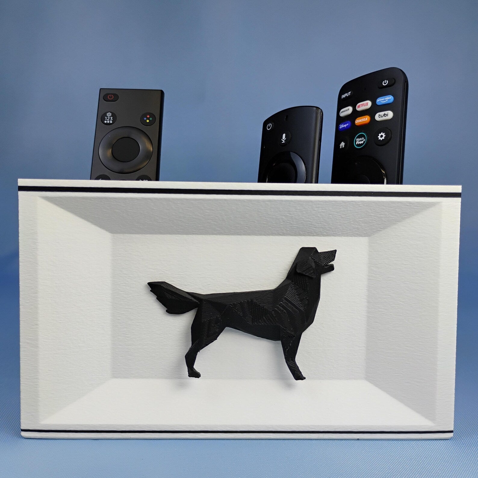 White Golden Retriever remote holder with black dog detail and removable divider compartments