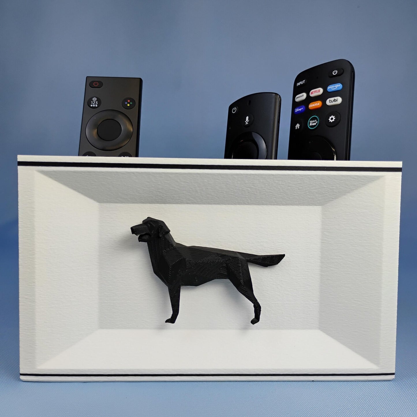 White Labrador remote holder with black dog detail and removable divider compartments