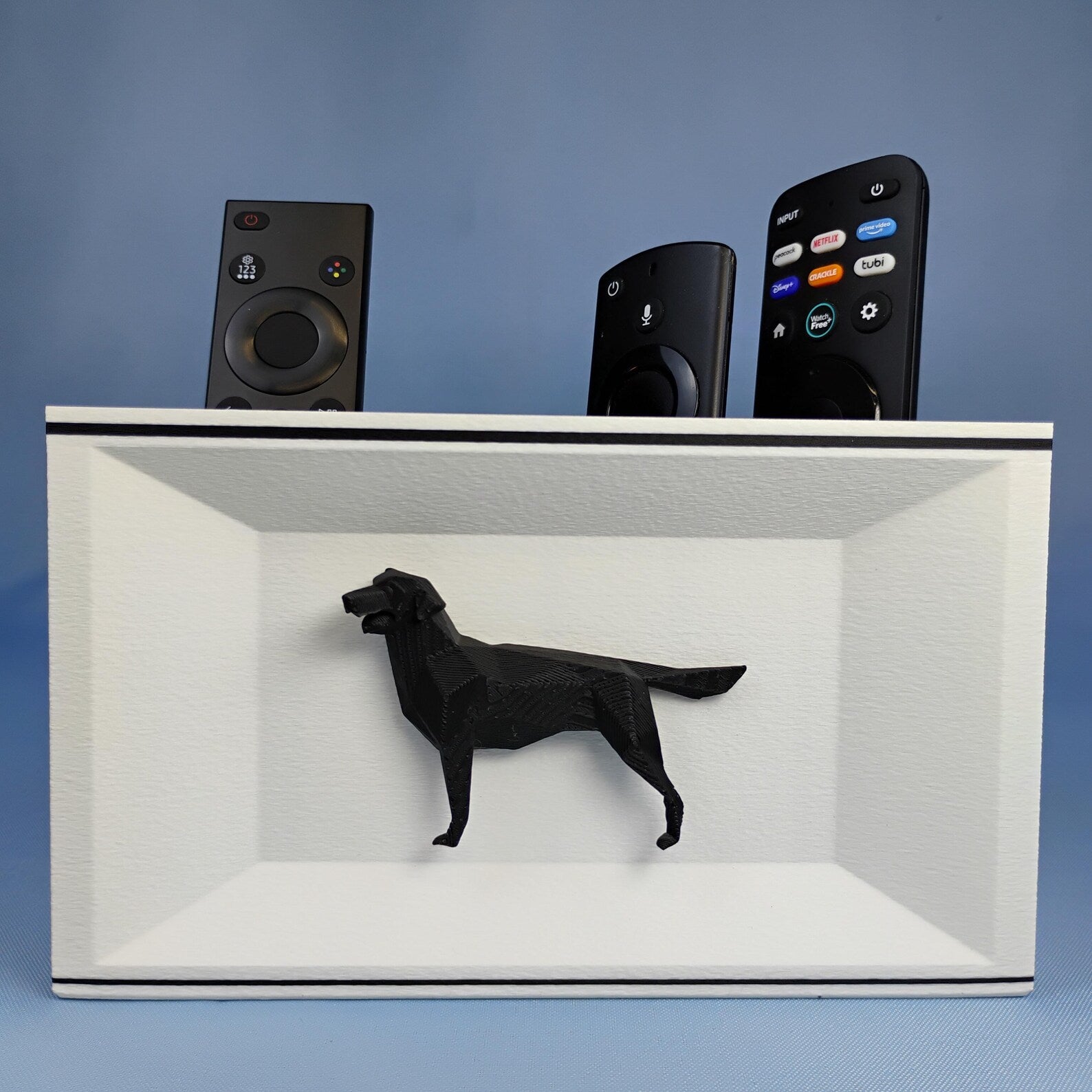 White Labrador remote holder with black dog detail and removable divider compartments