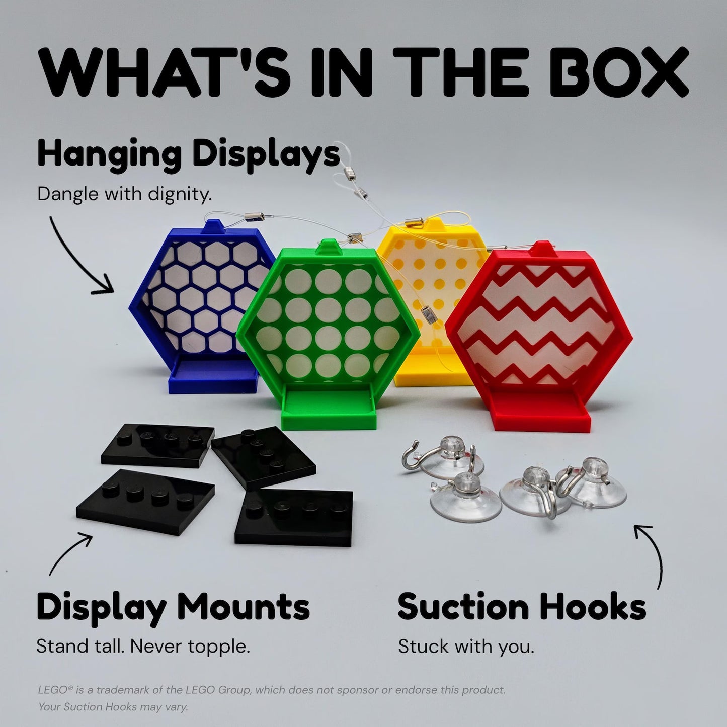 What’s in the box graphic for window-hanging minifigure displays, showing hanging displays, suction hooks, and display mounts.